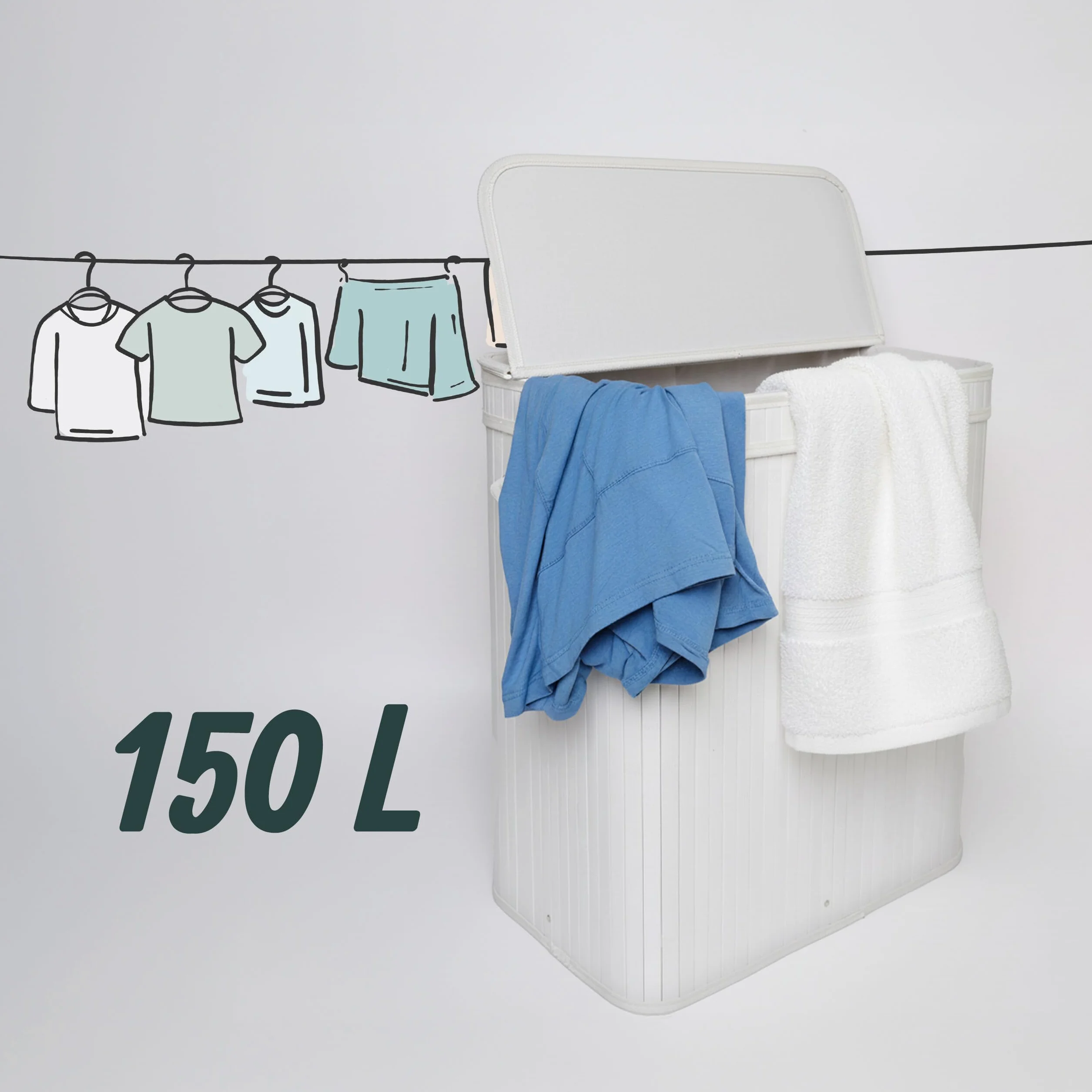 Relaxdays Cesto portabiancheria con Coperchio, bambù, 150 l, 3 Scomparti, HxLxP: 61,5x61x41,5 cm, Bagno, Bianco