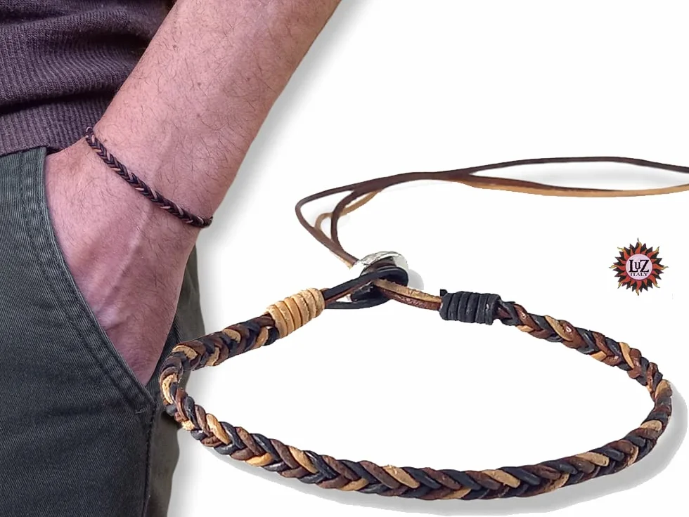 Bracciale uomo in cuoio grezzo intrecciato a mano regolabile