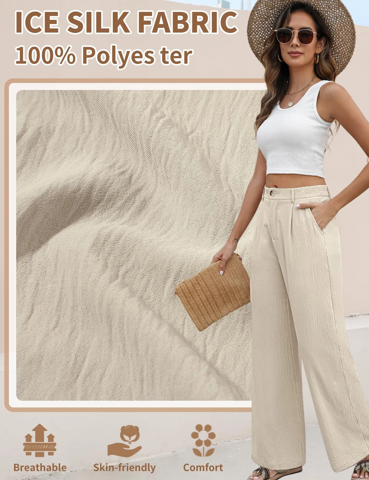 Pantaloni Donna Leggeri Eleganti Estivi Comodi Larghi | Elastico Vita, Alta Vita, Solido Sciolto, Casual, Lunghi, Bottoni, con Tasche, Pantaloni da Completo, Pantaloni Spiaggia