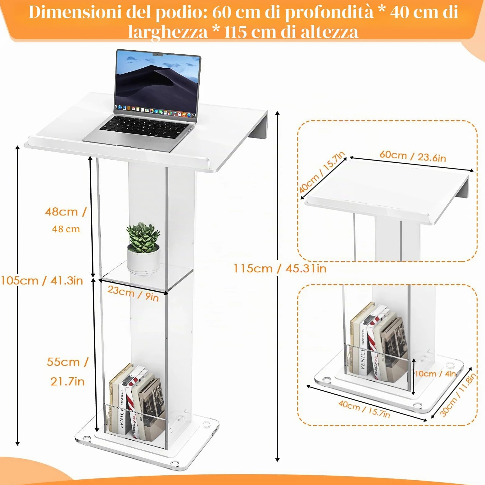 Podio in Acrilico, Bianco, con Mensa per Oratore e Scaffale di Stoccaggio, Pulpito per Chiesa con Piattaforma di Lettura Larghezza Rinforzata, Stabile Supporto per Podio per Chiesa, Conferenza