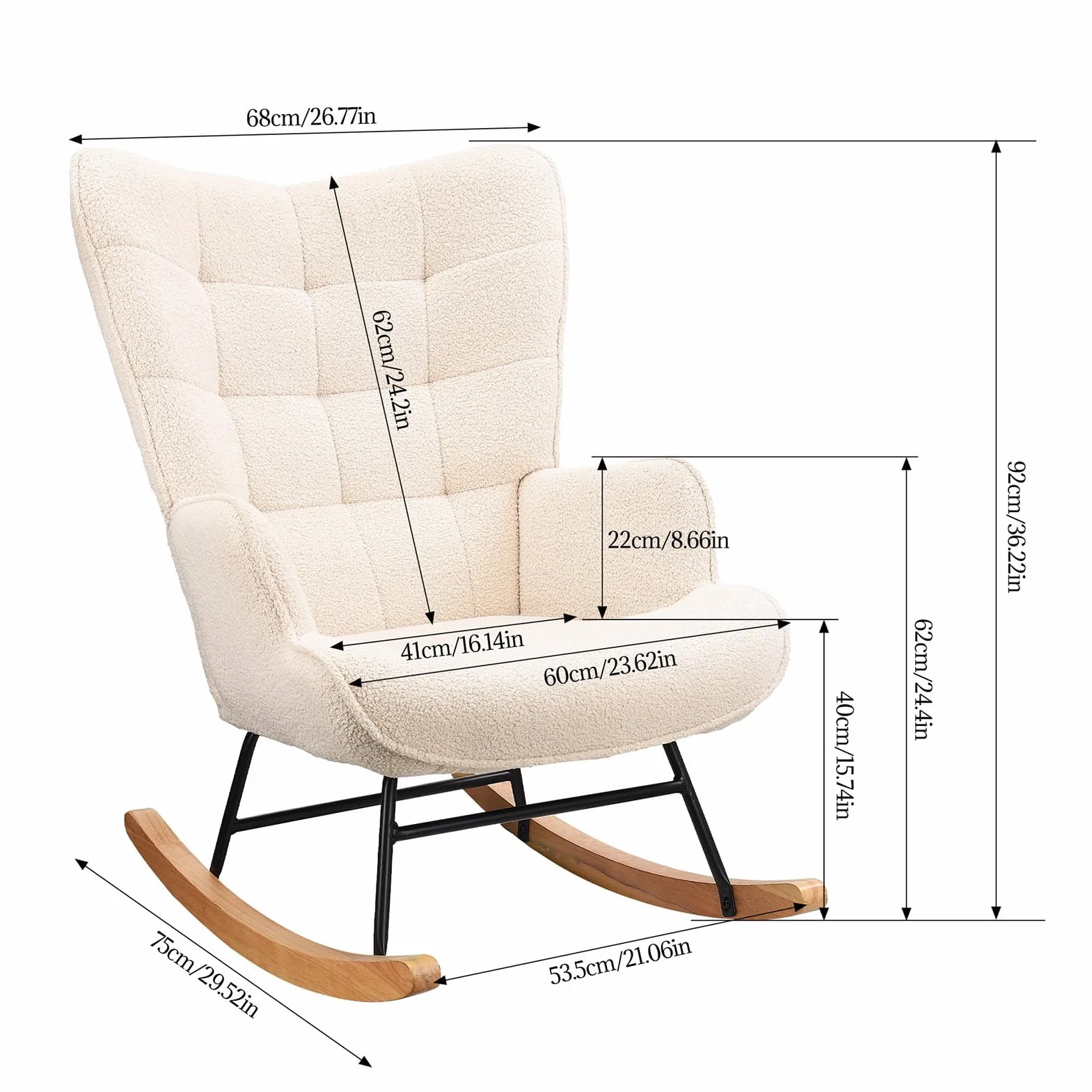 KeepGoon - Poltrona a dondolo, sedia relax oscillante, poltrona per soggiorno, per camera da letto, in velluto Teddy, con schienale a quadretti (beige)