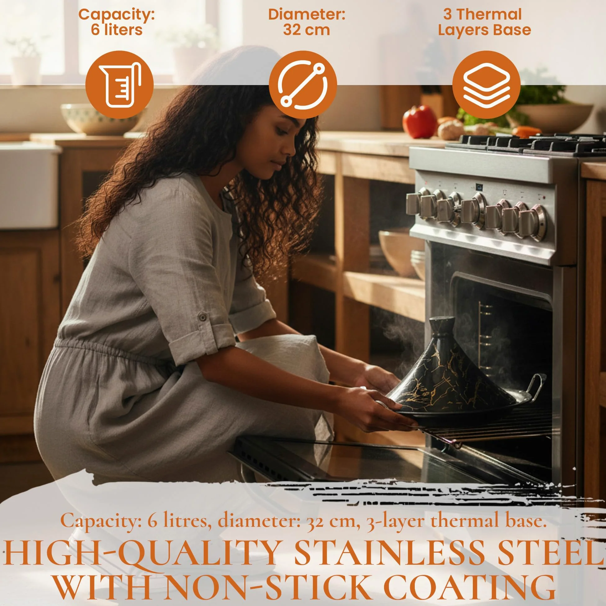 Royal Swiss Tajine 38 cm – Acciaio inox, rivestimento antiaderente, coperchio in porcellana – Adatto a tutte le fonti di calore, induzione, gas, elettrico – Cottura sana