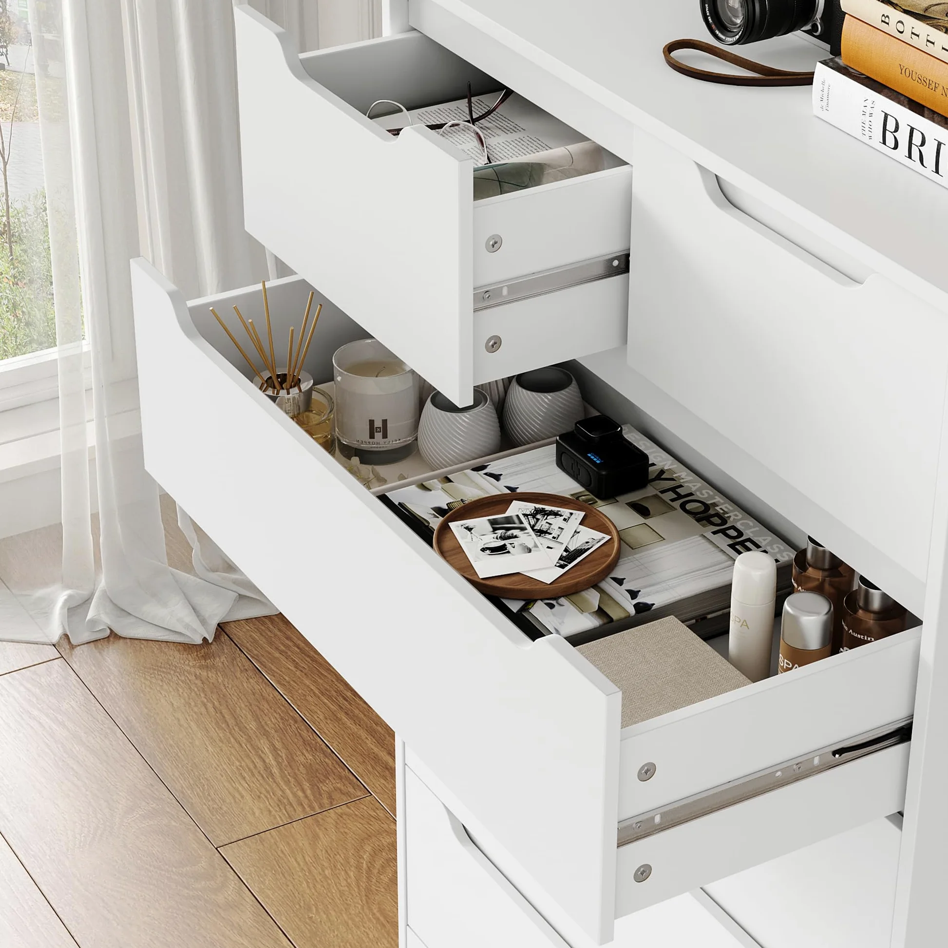 HOCSOK Cassettiera a 6 Cassetti, Comò Camera da Letto, Cassettiera Salvaspazio in Legno, Moderna Mobiletto Multiuso per Soggiorno Sala da Pranzo Corridoio, Bianco, 110.5 x 70 x 40 cm