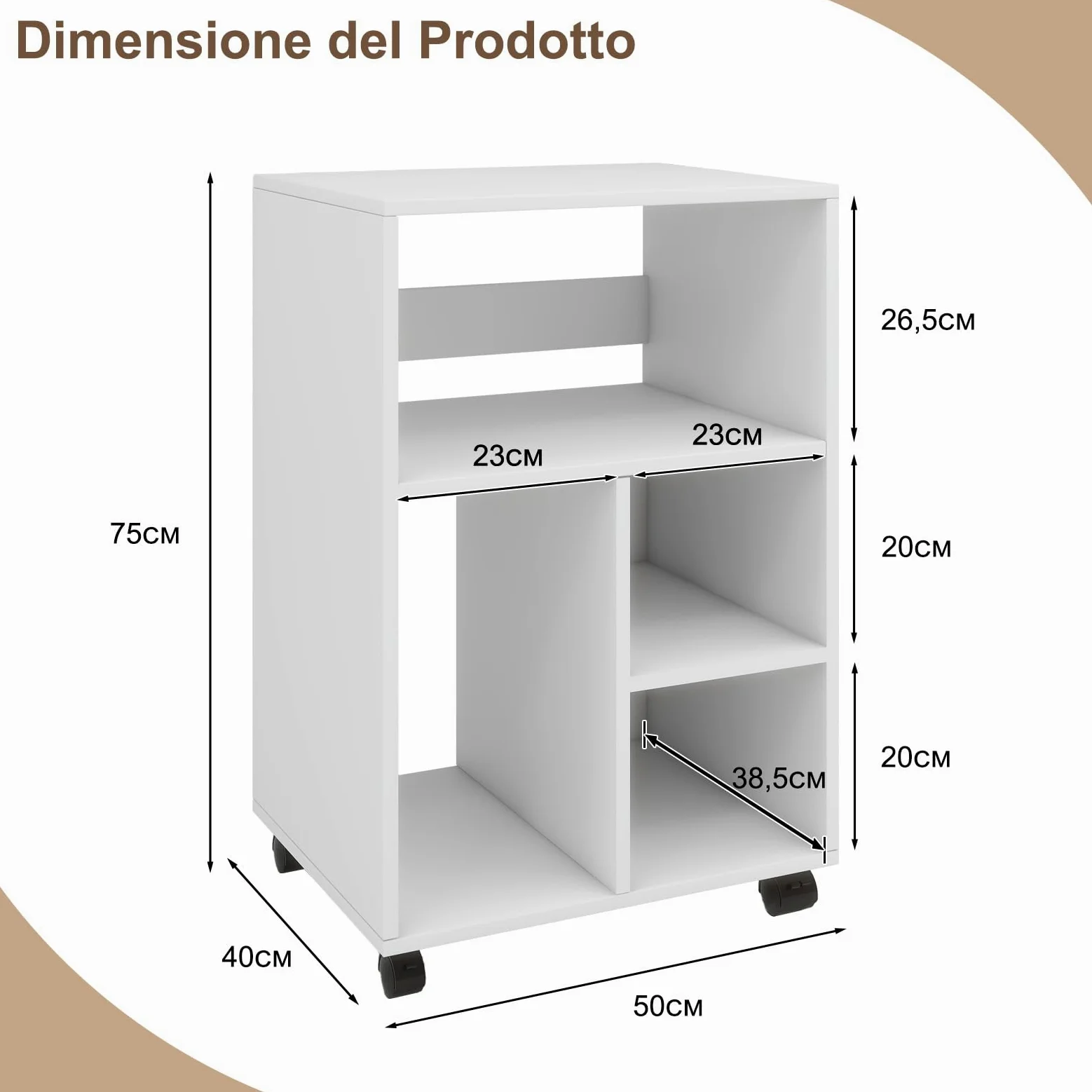 PUNCIA Mobiletto per Archivio Mobile 50x40x75 CM Armadietto Portadocumenti in Legno Schedario da Ufficio 5 Scomparti Aperti Armadio Stile Industriale per File Mobili per Ufficio e Casa (Bianco)