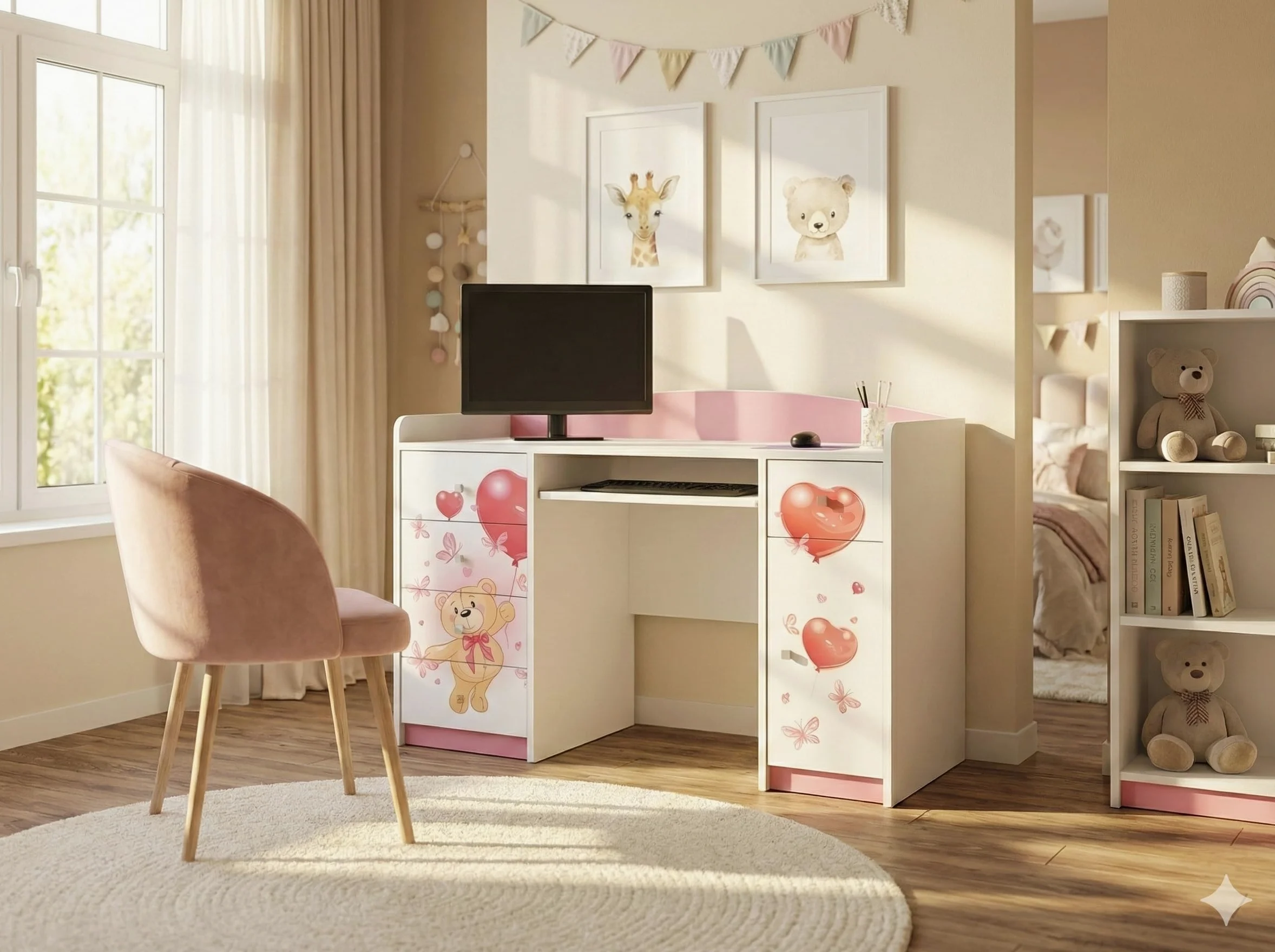 Happy Babies Scrivania per bambini con 5 cassetti, colore bianco, blu, 125 x 89 x 60 cm, scrivania per computer con ripiano per tastiera, per cameretta dei bambini, motivo orsacchiotto