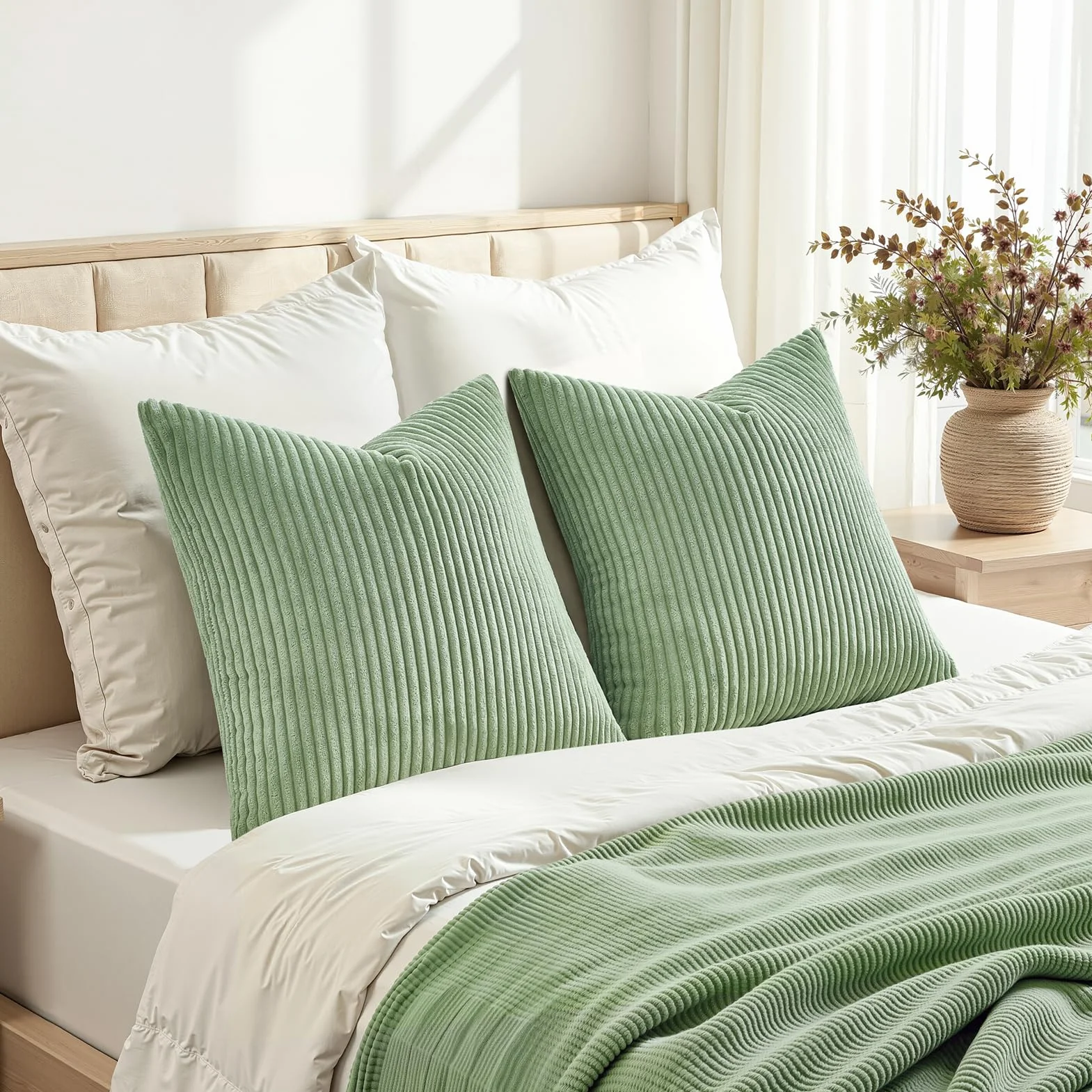 Topfinel Federe Cuscini 40x40 Velluto a Coste Verde Copricuscini Quadrati Elegante Divano Salotto 2 Pezzi