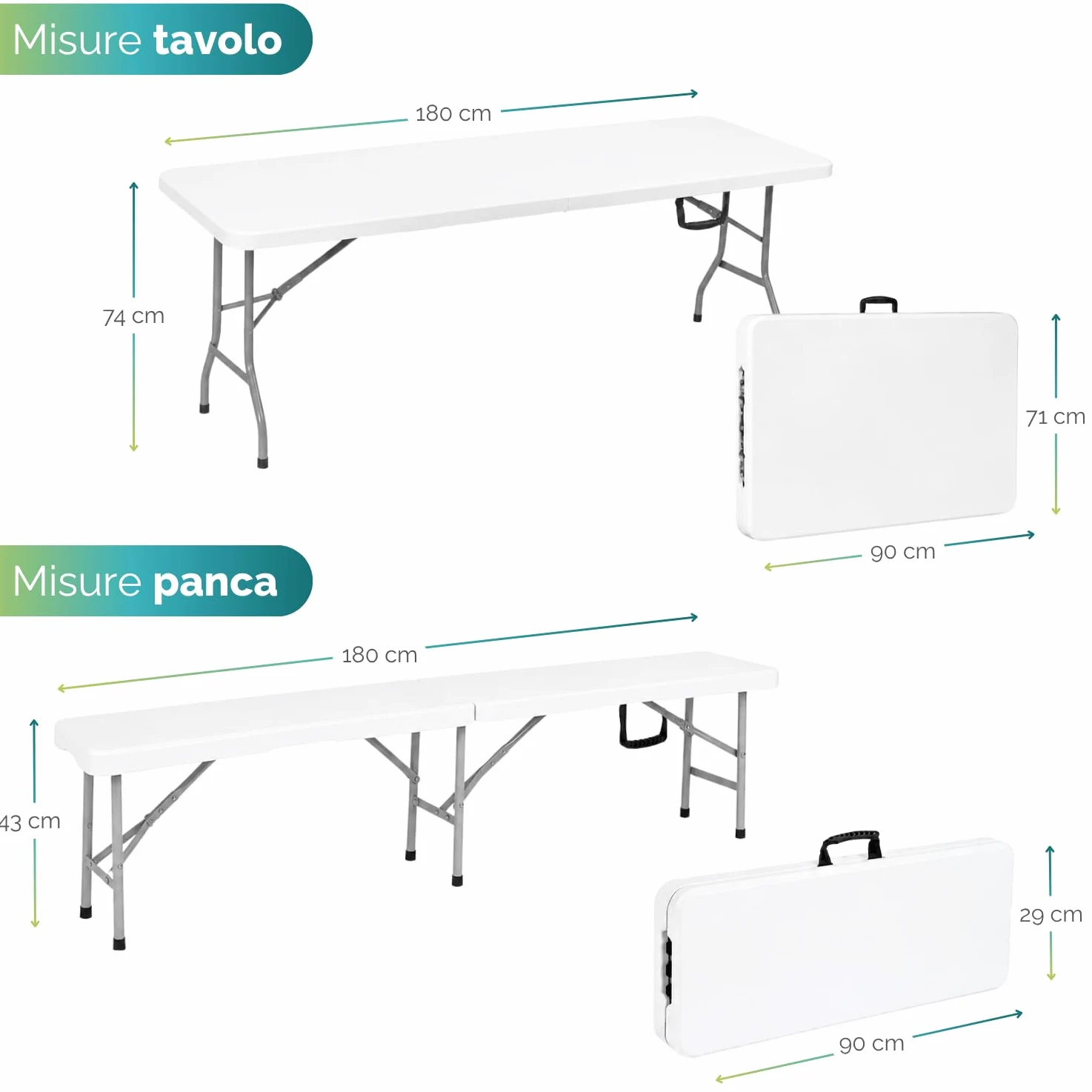 PALUPLUS Set Tavolo Catering con 2 Panche Pieghevoli, Tavolo da 180x71x74 cm e Panca da 180x29x43 cm, Set a Valigetta in Resina con Struttura in Metallo e Maniglia per trasporto -344F/8745F -28