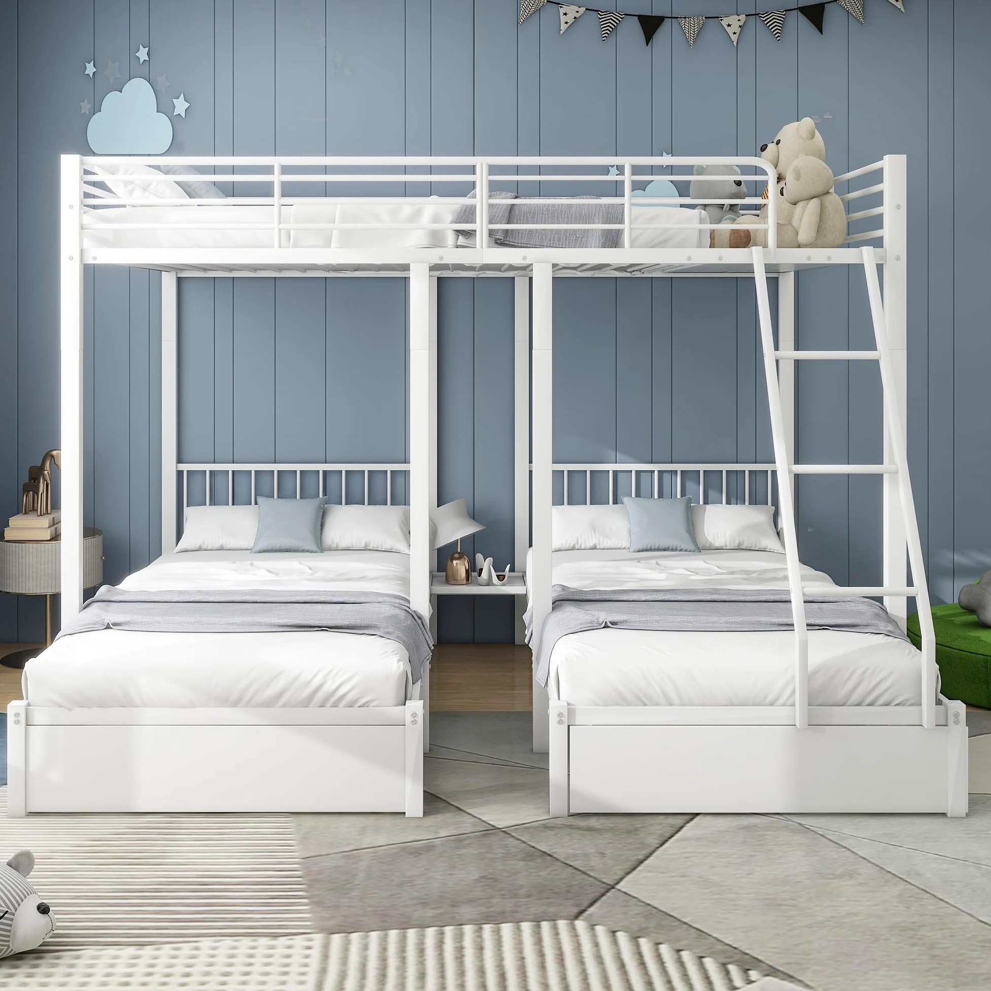 Moimhear Letto a castello triplo con cassetti, trasformabile in letto matrimoniale 140 x 200 e due letti singoli 90 x 200, letto multifunzionale con struttura in metallo (bianco)