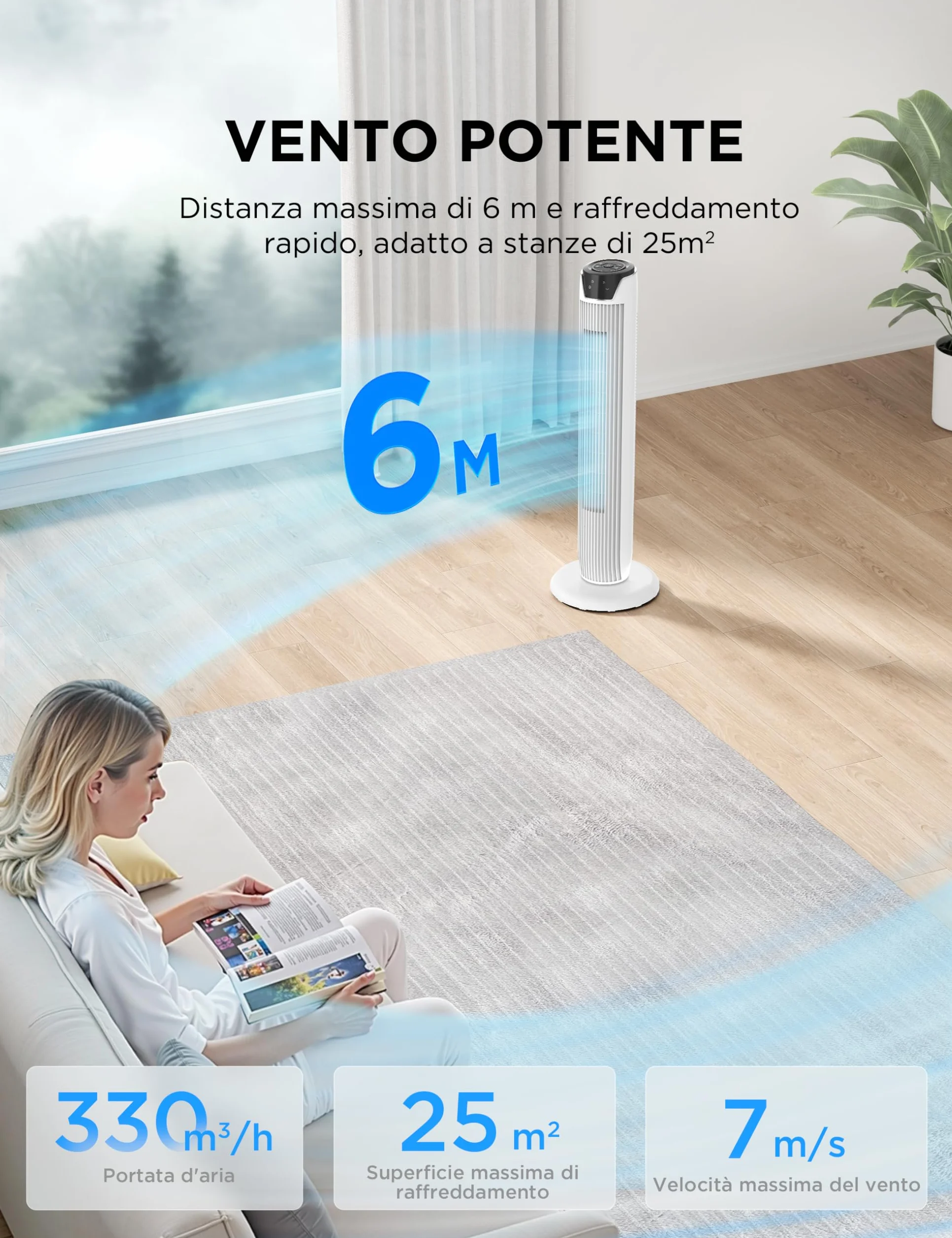 Midea Ventilatore Torre con Telecomando FZ10-17JRSE(WH) Flusso d’Aria 7 m/s, Oscillazione 90°, 3 Velocità e 3 Modalità, Timer 7h, Motore 45W, Silenzioso