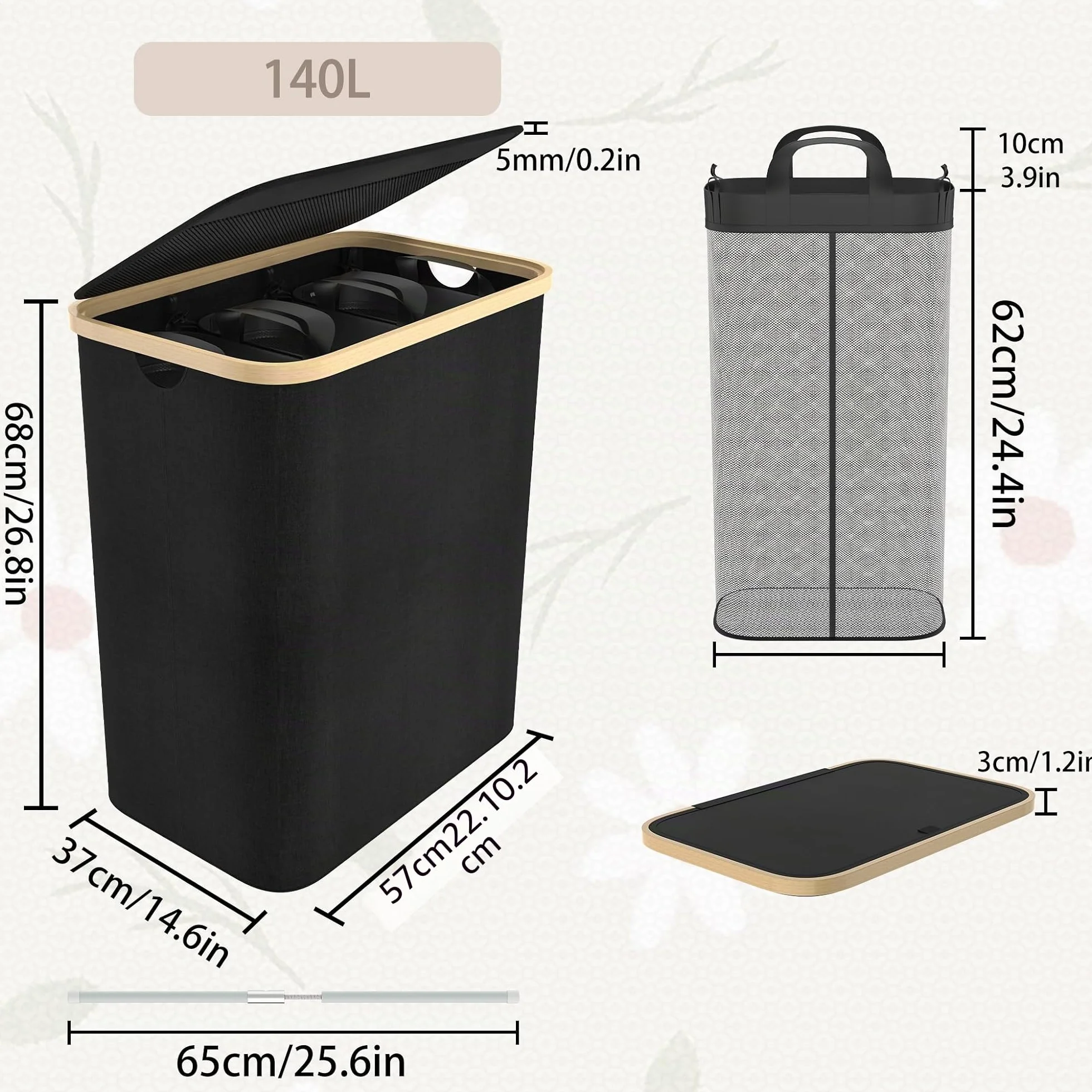 LARS360 Cesto per la Biancheria a 3 Scomparti, Cesto per Biancheria con Coperchio, 140L, Cesto Compatto, Cesto Pieghevole per la Biancheria, Organizzatore per Biancheria (Nero)