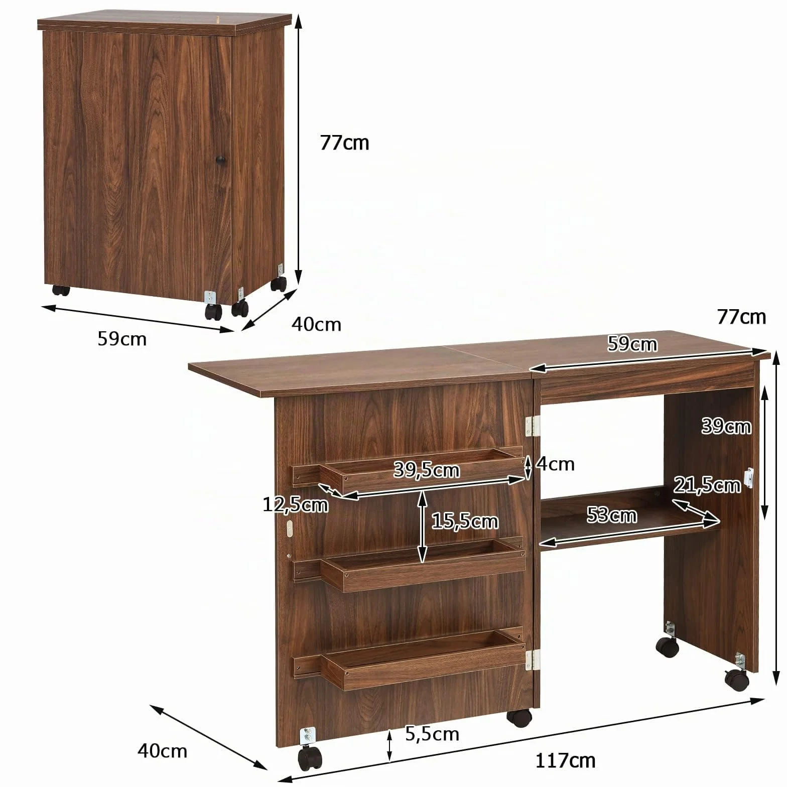 LIFEZEAL Armadietto per Cucito, Tavolo per Macchina da Cucire, Tavolo da Stiro, 5 Ruote, 3 Mensole e 1 Ripiano, Piano Pieghevole, 117x40x 77cm, Legno, Marrone