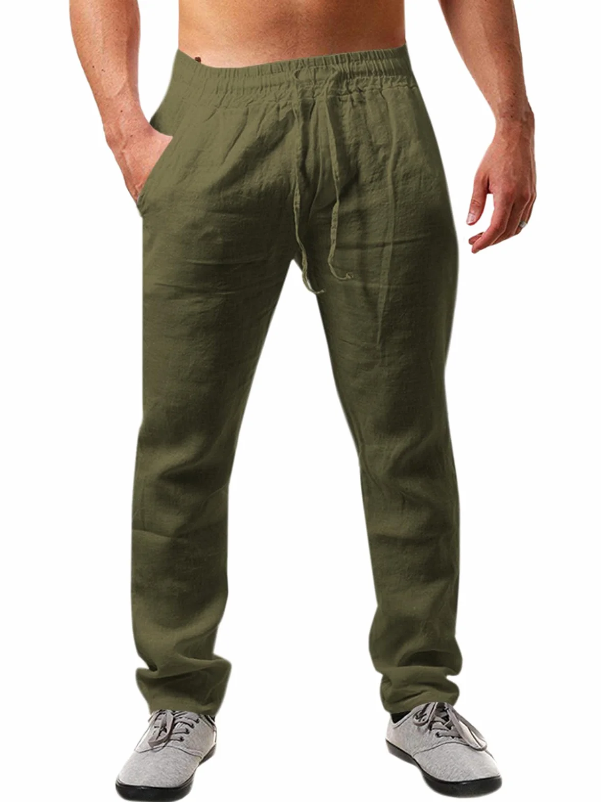 Pantaloni da Uomo in Lino, Tinta Unita, Leggeri, Taglio Largo, per Vacanze e Spiaggia