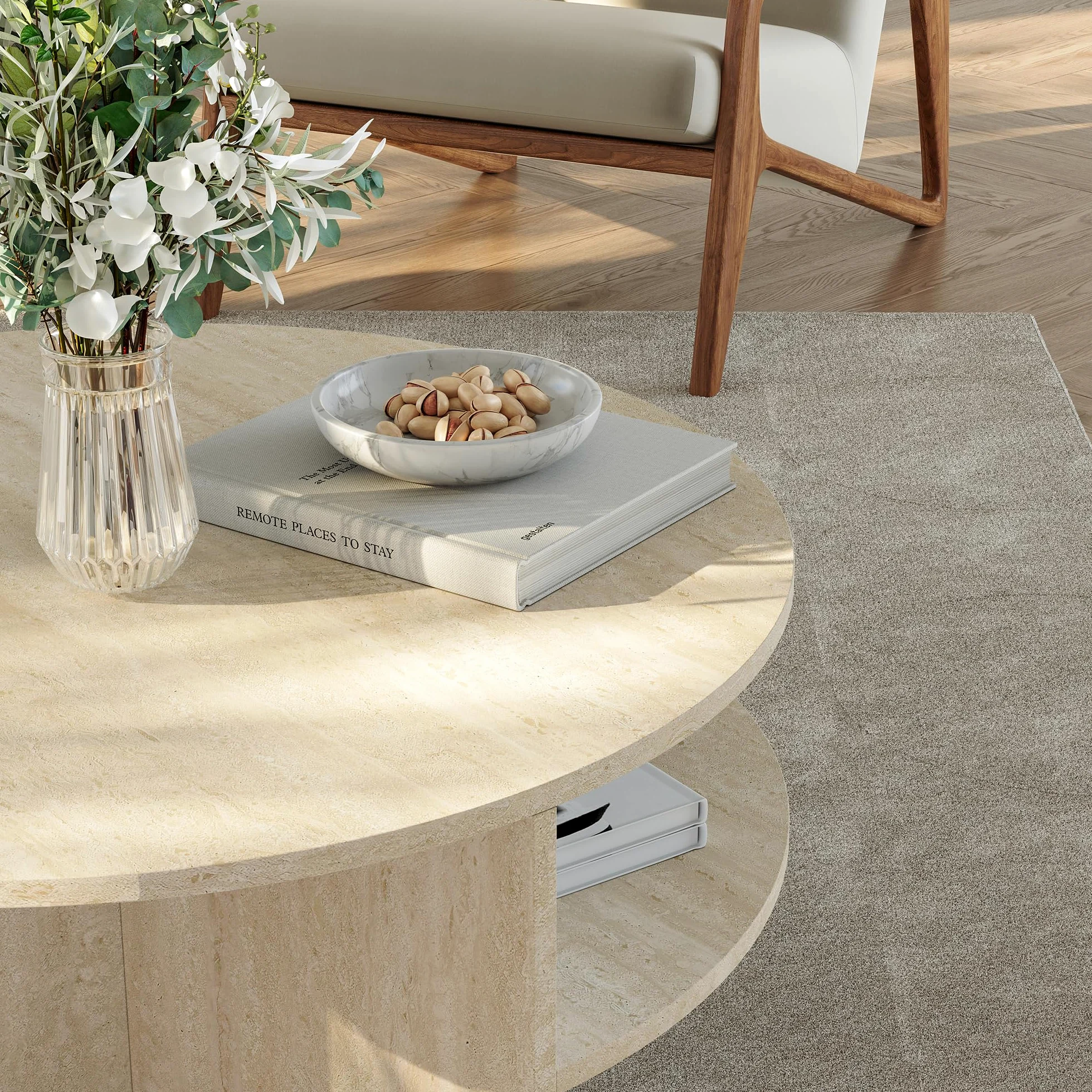 [en.casa] Tavolino Centrale da Salotto Tavolo Basso Rotondo con Ripiano Tavolino da caffè per Soggiorno Area Living Ø80 x 41 cm Color Avorio Travertin