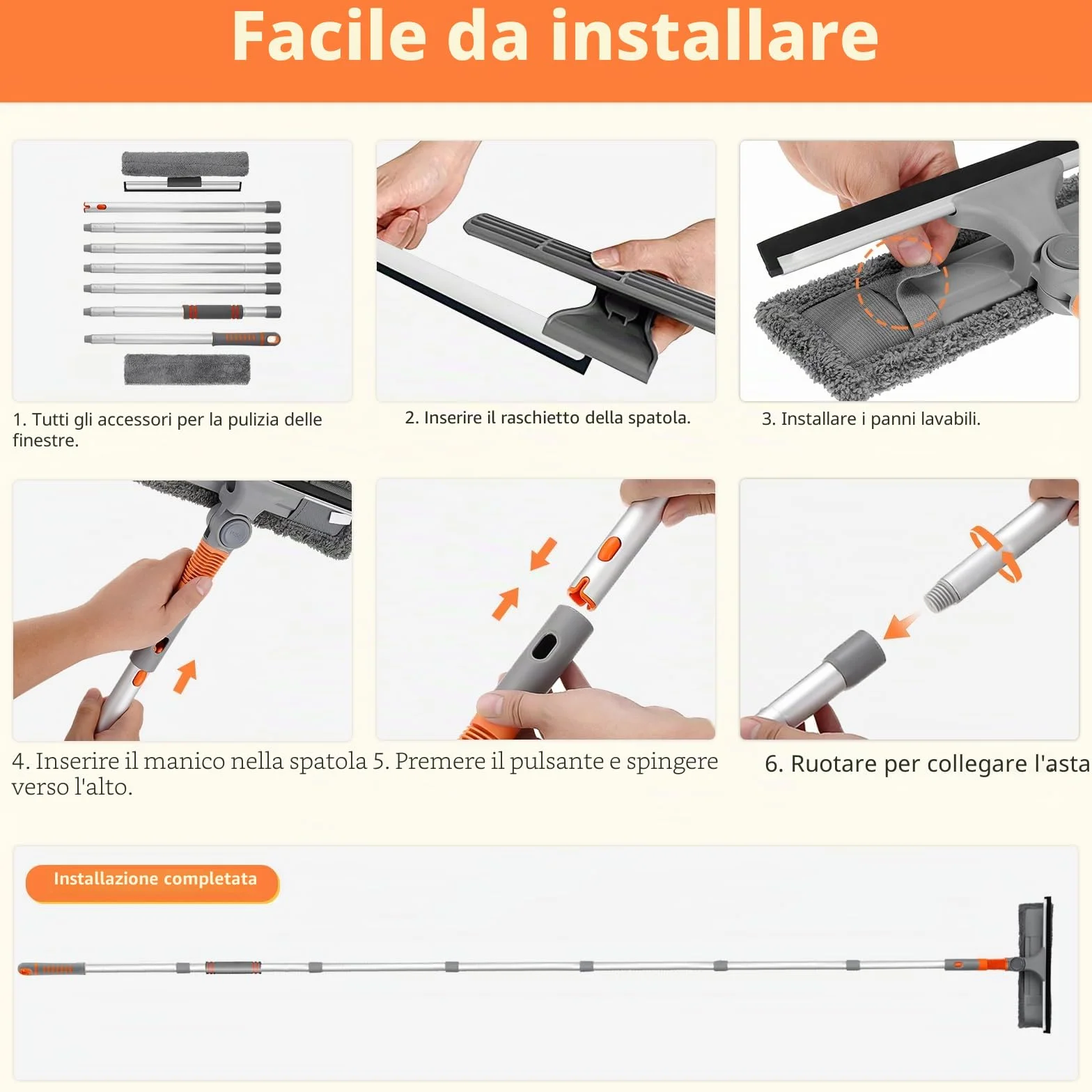 Lavavetri Professionale 2 in 1 con Manico Telescopico 254cm, Panni in Microfibra