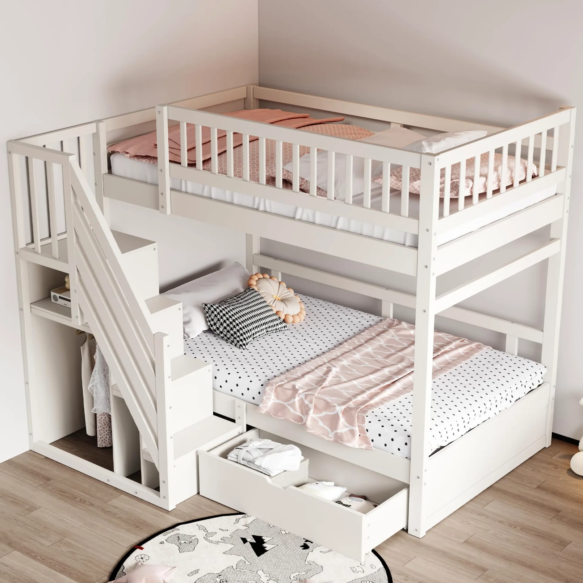 Soweiz Lettino per bambini 90 x 200 cm, in legno massello con rete di sicurezza elevata, con rete a doghe, scala di sicurezza con vano portaoggetti, letto per ragazzi (bianco)