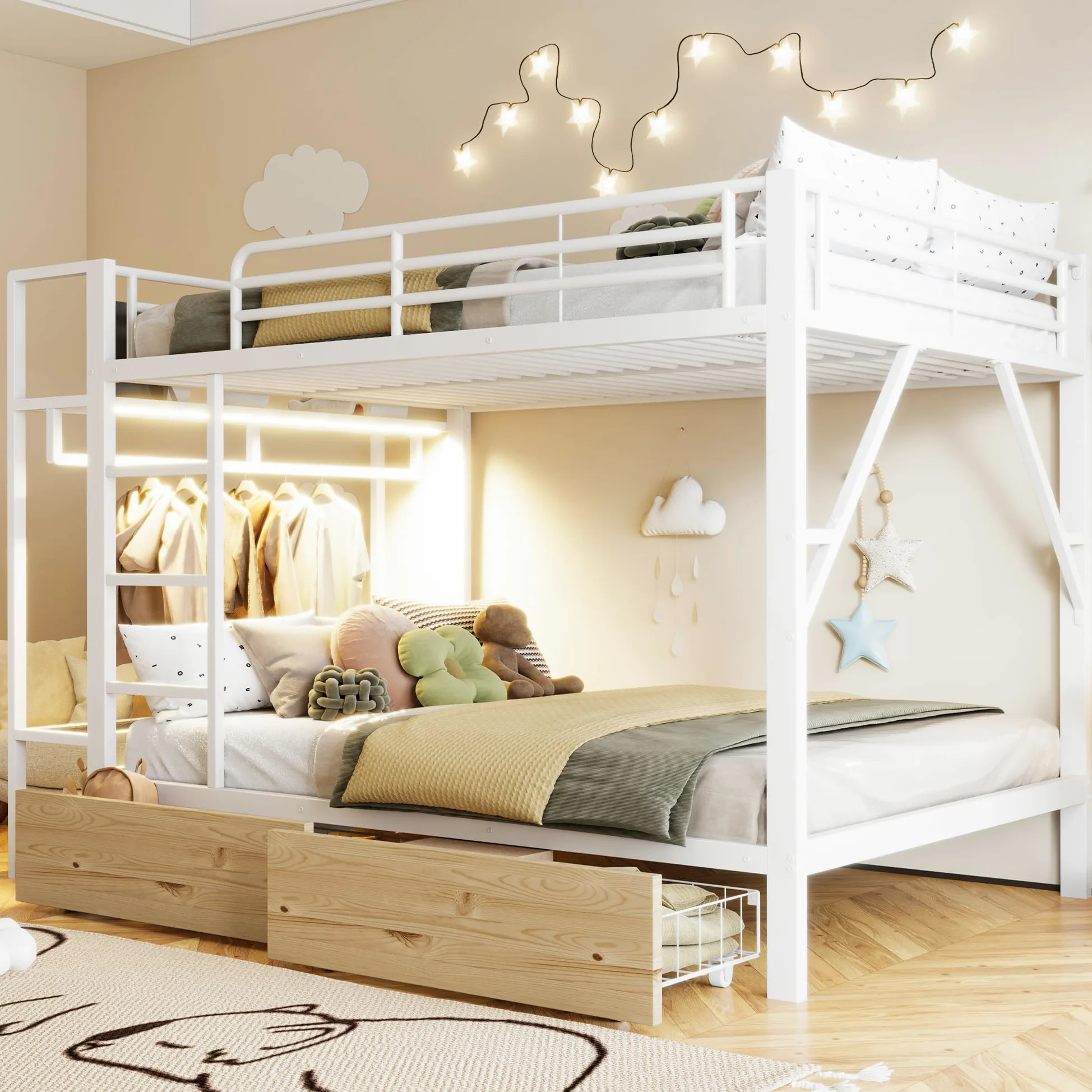 Letto a soppalco 140x200cm con striscia luminosa a LED e appendiabiti,metallo letto a castello con 2 cassetti e ripiani multipli,ferro letto matrimoniale,letti per ado,senza materasso,Bianco