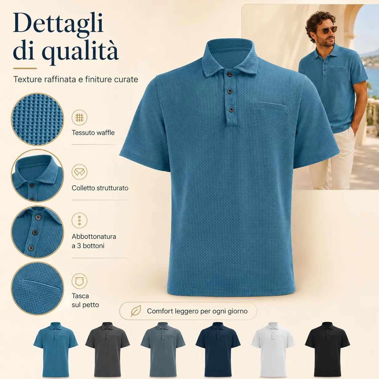 Breeze Capri Polo Uomo vestibilità Pancia da Birra Elastico Asciugatura Rapida Collo texturizzato Maniche Corte Golf Tempo Libero