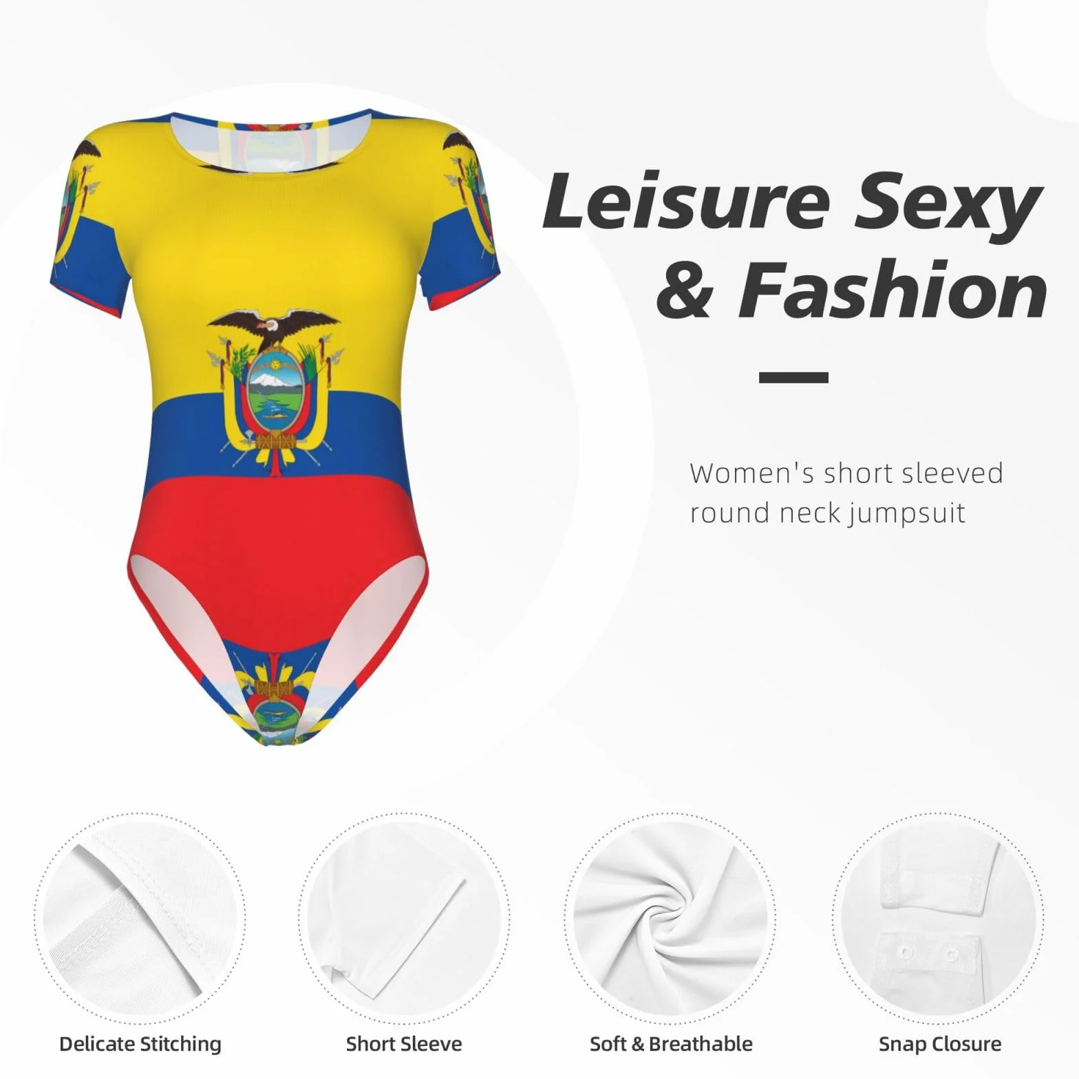 Body estivo da donna con motivo bandiera dell'Ecuador, scollo rotondo, taglie S-XXL