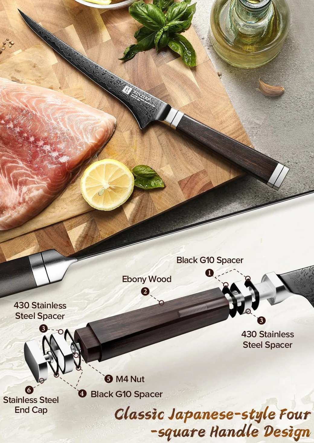 XINZUO 18,4cm Coltello per Sfilettare da Cucina Acciaio Damasco a 67 Strati-Lama Nera -Professionale Coltello da Filetto Cucina Bordo Disossare Pesce e Carne -Manico in Legno di Ebano