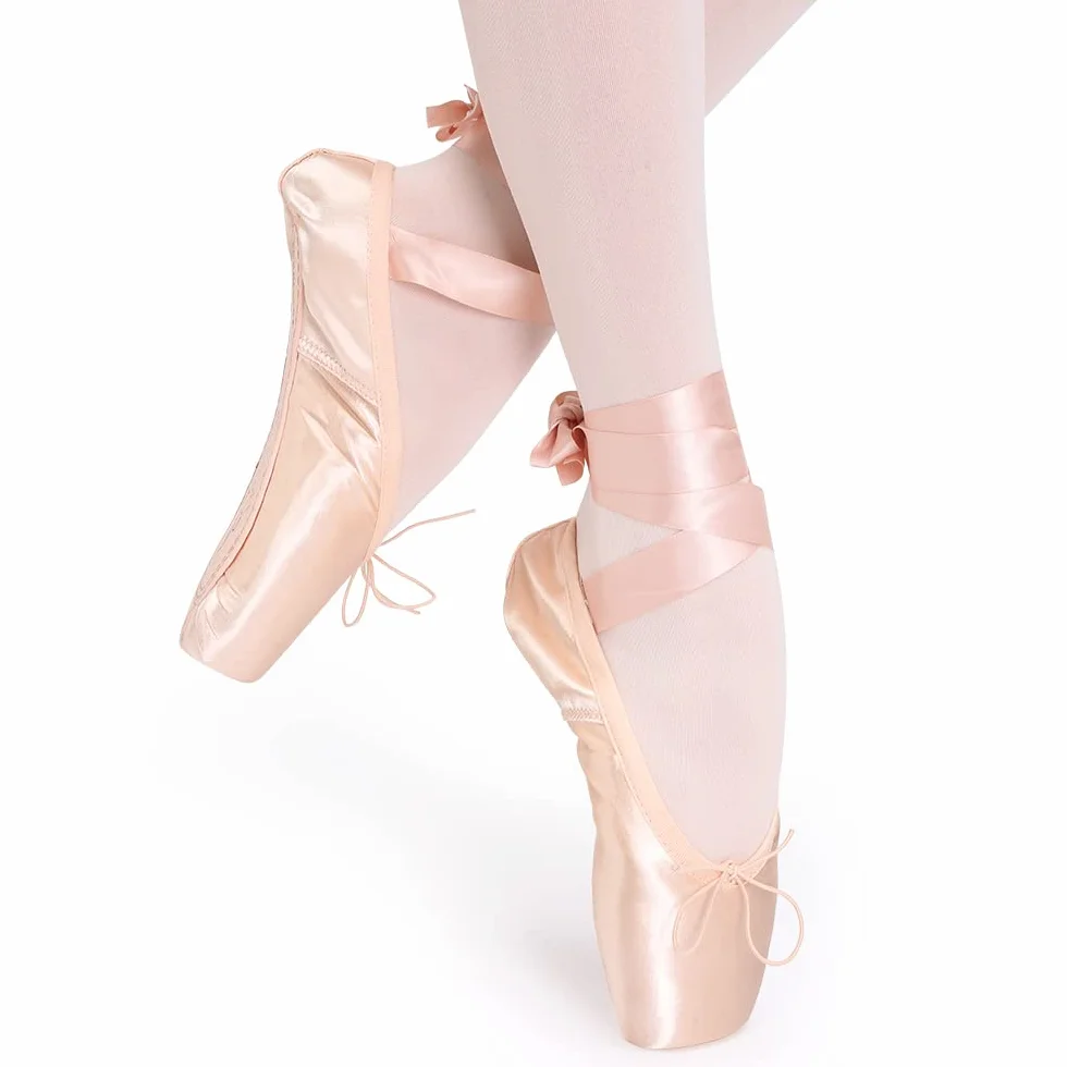 Scarpe da Danza Punta Classica Rosa con Nastro e Puntali per Donna
