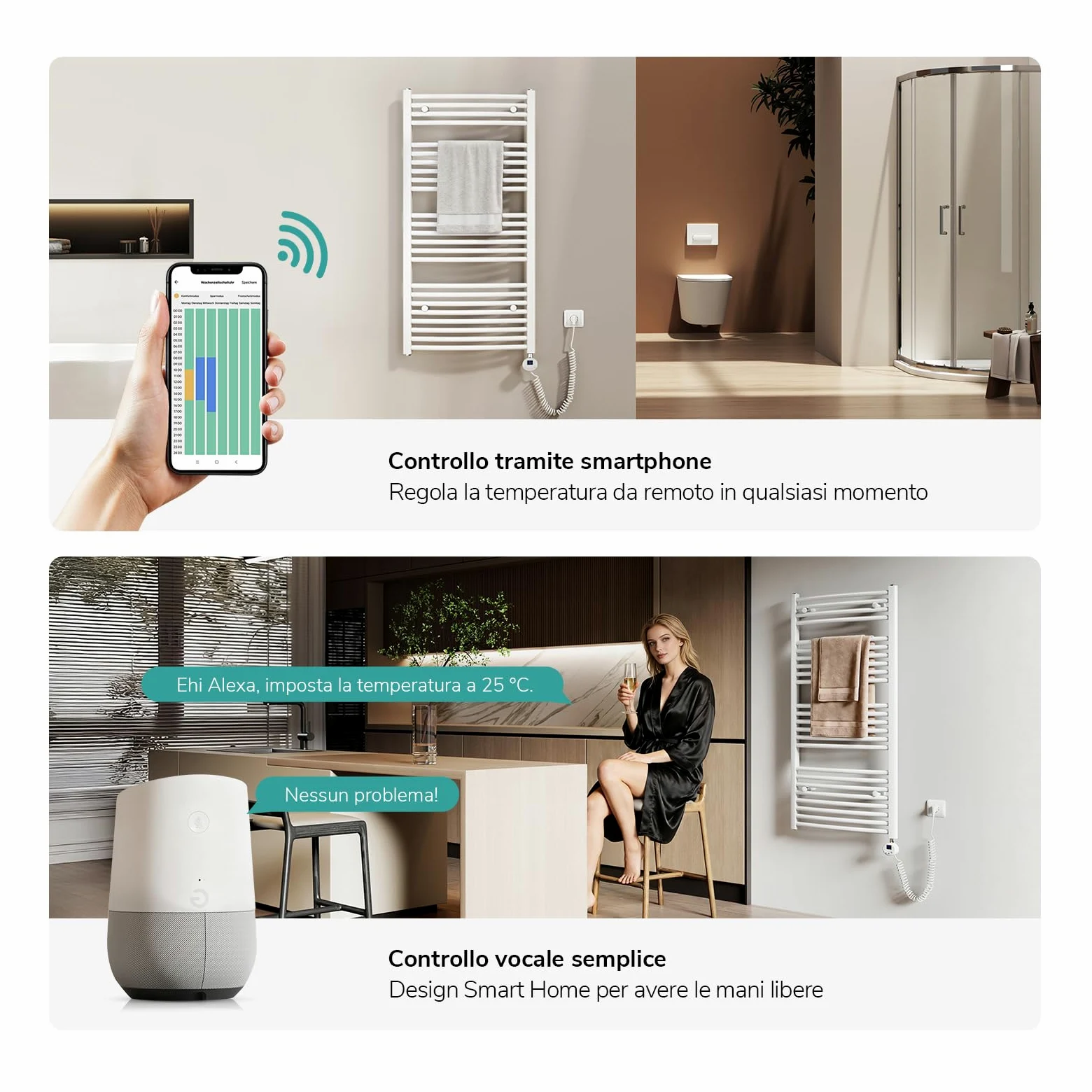 EMKE Radiatore da Bagno, 120 x 40cm, 500W, Scaldasalviette con WIFI Termostato, Curvo, Bianco, Termoarredo Asciugamani da Bagno