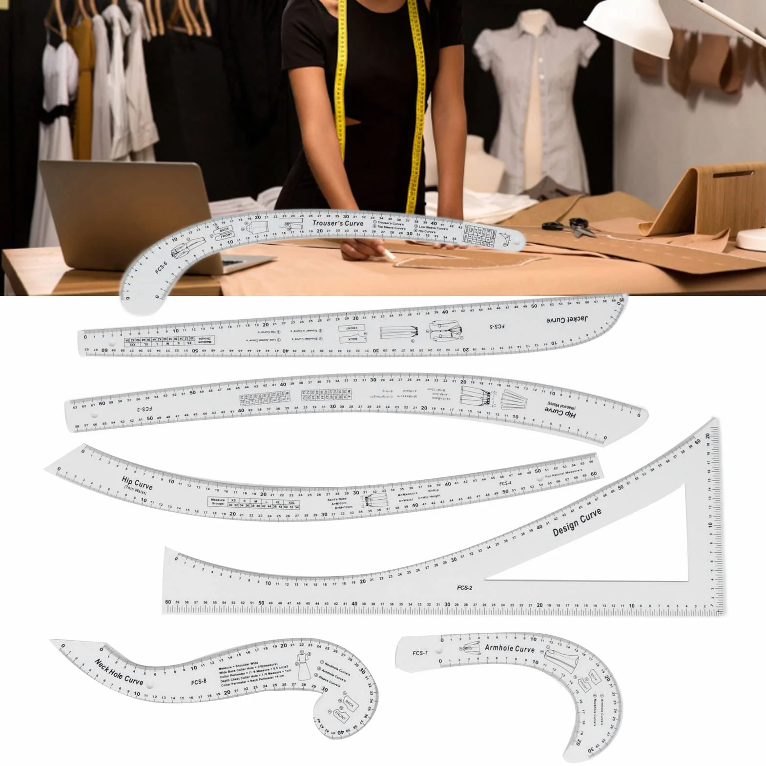 Set di 7 righelli per cucire su misura Set di righelli per design di modelli di moda in scala ad alta precisione trasparenti per realizzare bozze di modelli