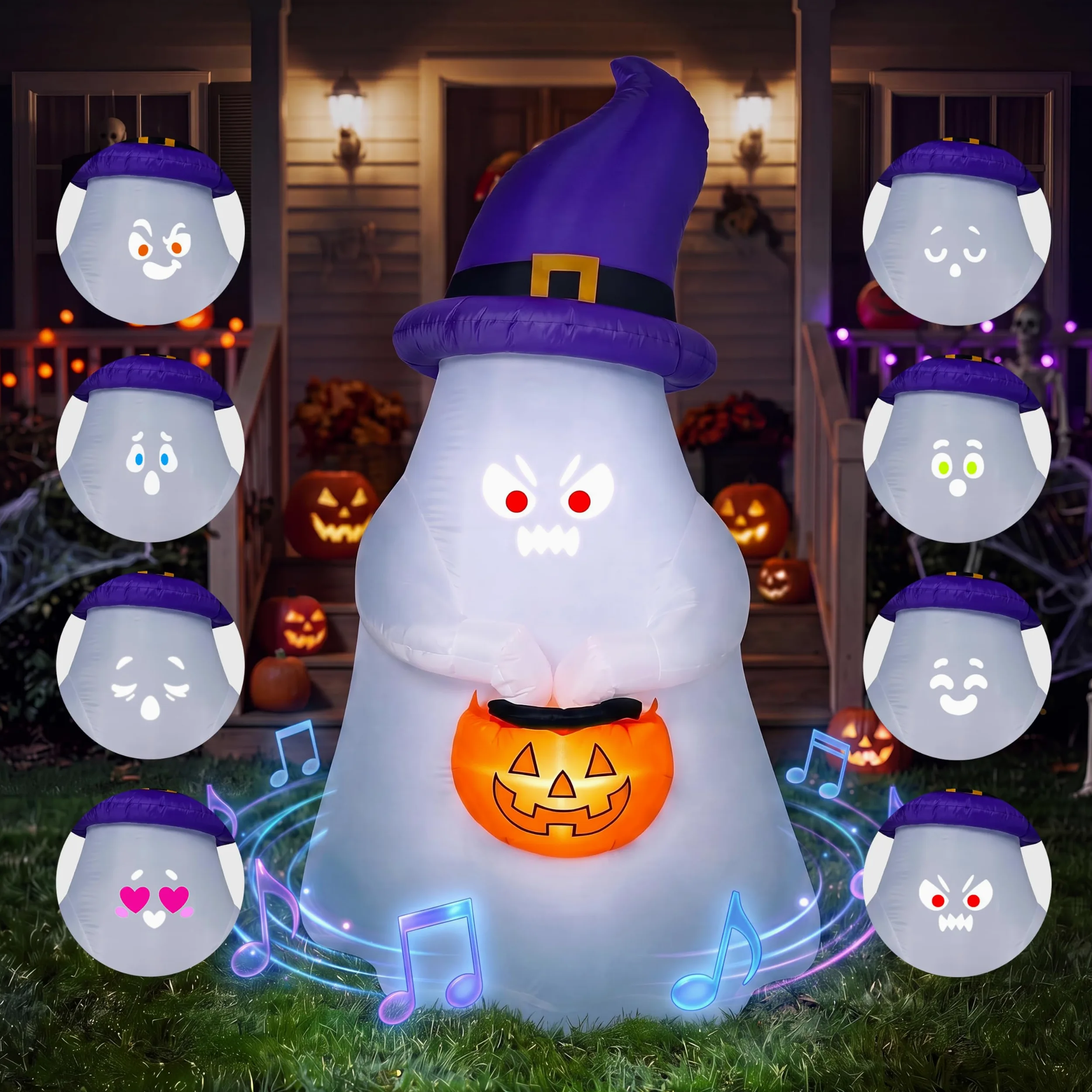 Joiedomi Decorazione gonfiabile per Halloween da 1,5 m, con proiettore e musica, con 8 espressioni facciali e carillon per feste all'aperto