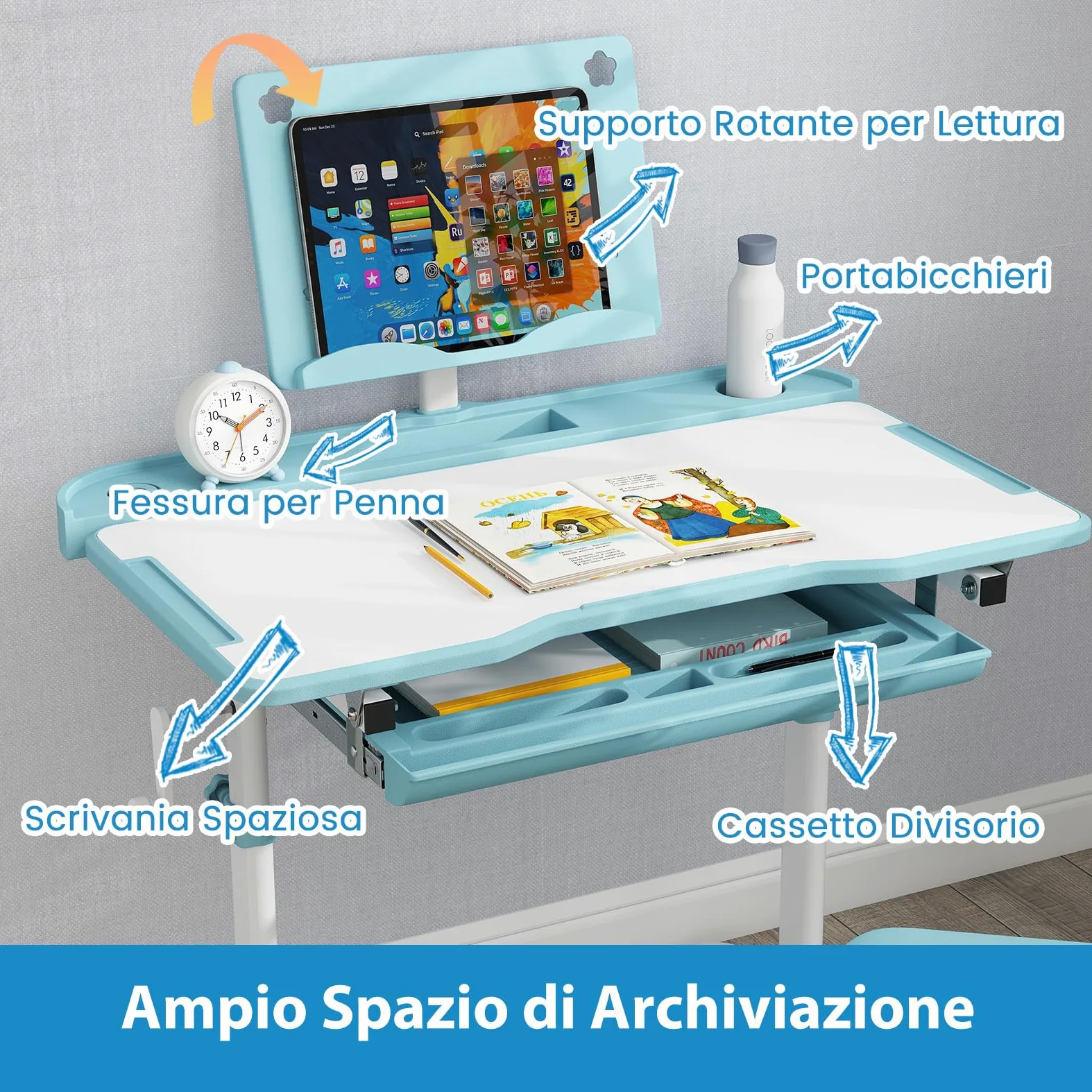 RELAX4LIFE Scrivania per Bambini con Sedia, Set Tavolo da Studio con Piano Inclinabile, Altezza Regolabile, Supporto per Libri, Portabicchieri, Cassetto Estraibile, Sedia Ergonomica (Blu)