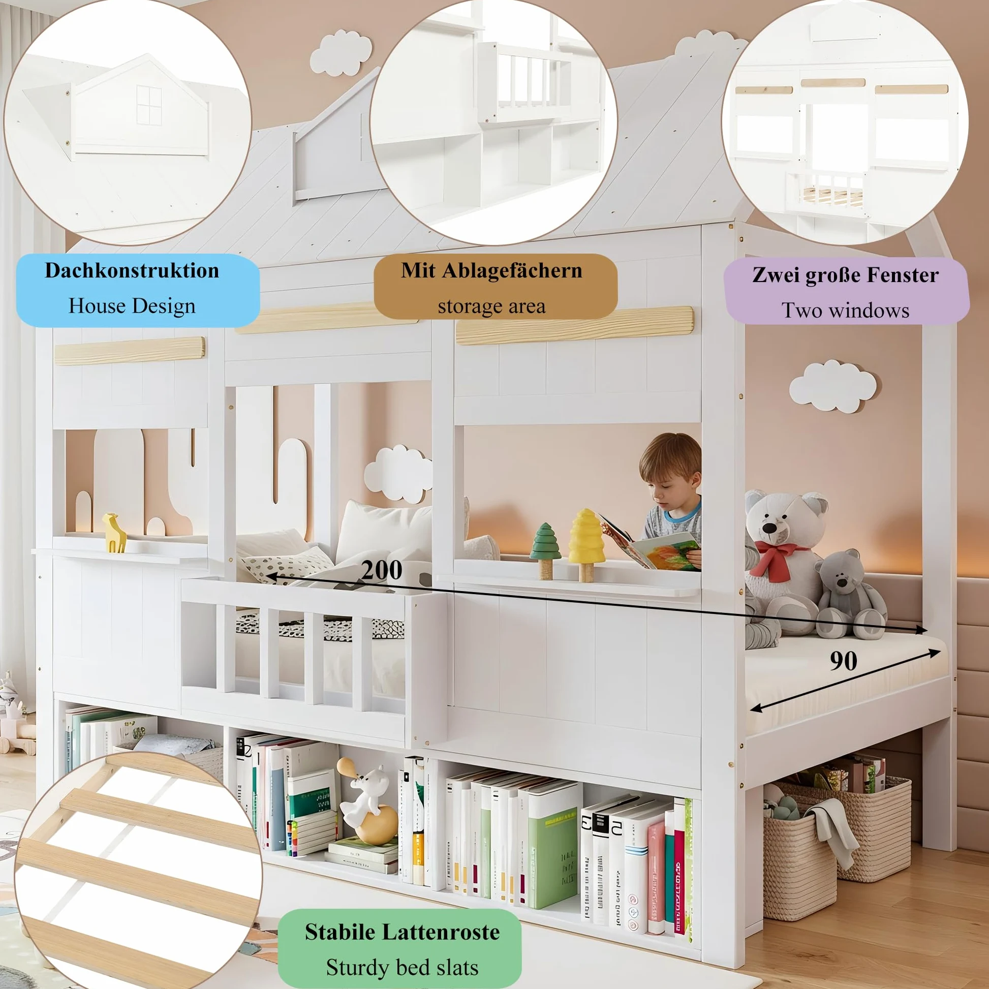 Letto Casetta per Bambini 90x200cm con Libreria e Finestre, Strutture letto in Legno di Pino, Rete a doghe(Nessun materasso