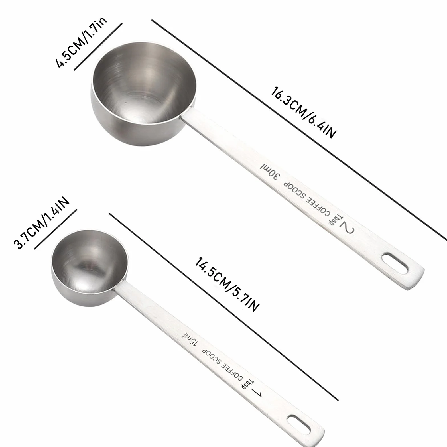 Set di 2 misurini da caffè con manico lungo, in acciaio inox, 1 cucchiaio e 2 cucchiai dosatori da 15 ml e 30 ml, per caffè, latte, frutta in polvere (15 ml e 30 ml)