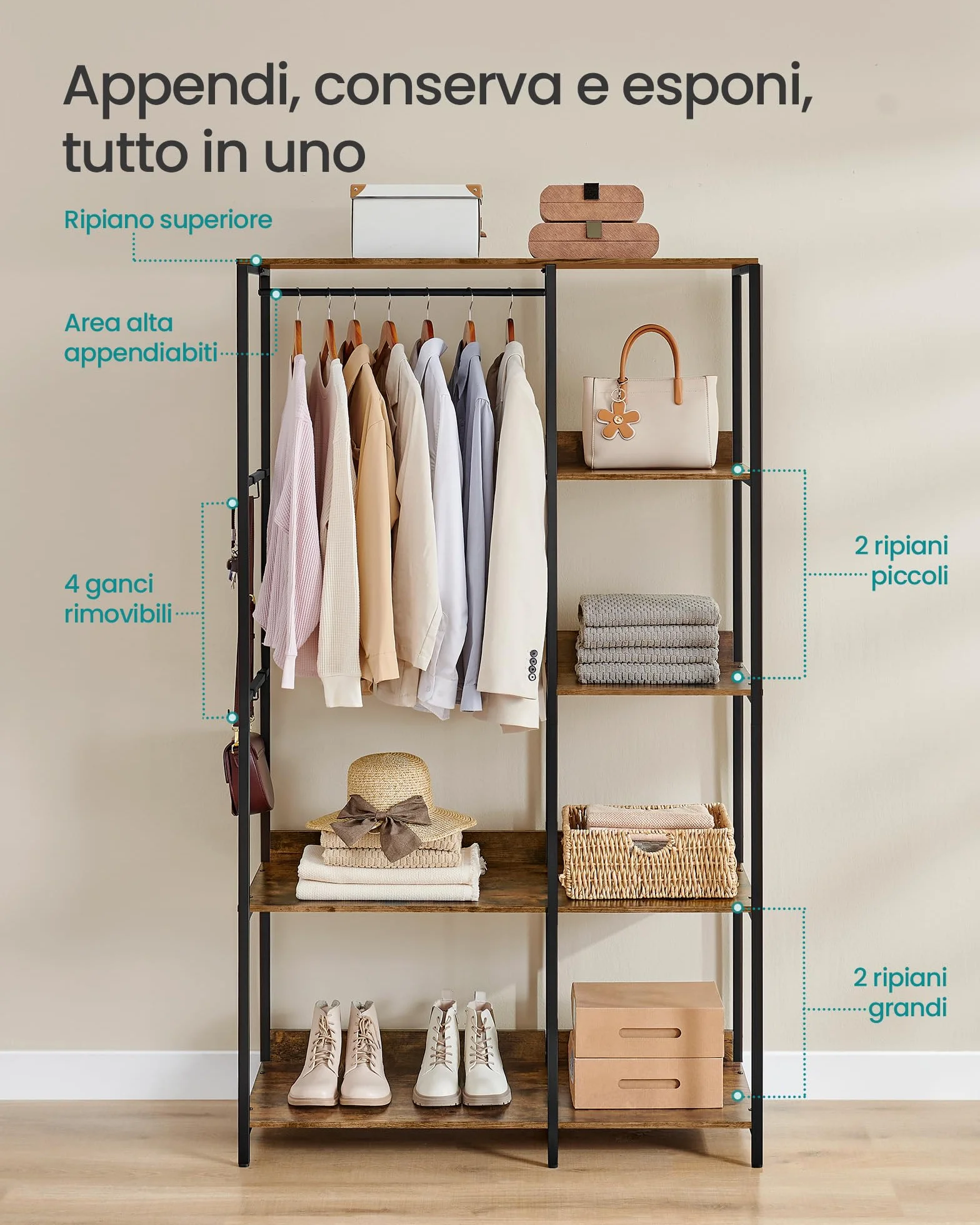 SONGMICS Armadio Aperto con Aste e Ripiani, 98 x 40 x 181 cm, Marrone Vintage RGR024B01