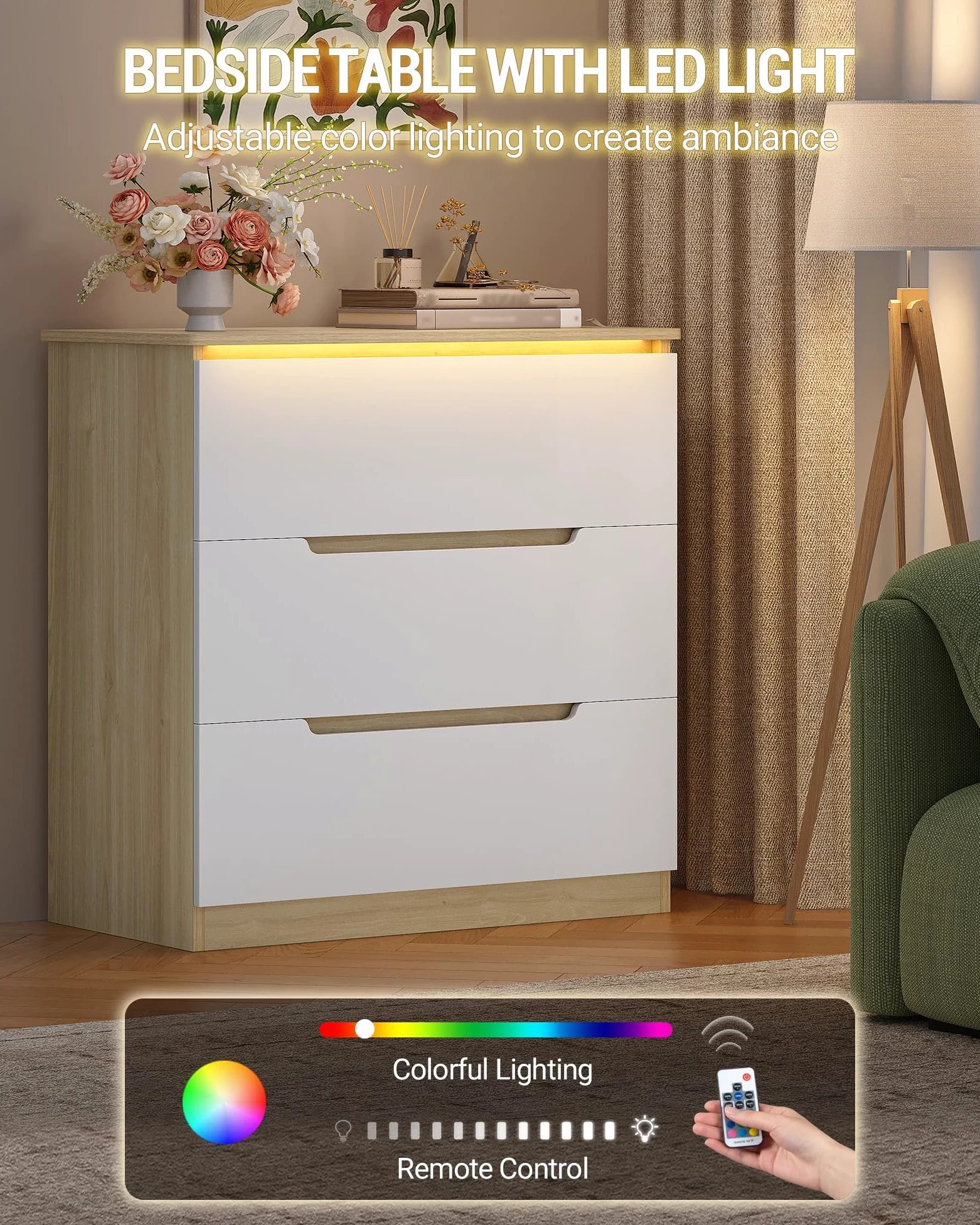 Hzuaneri Cassettiera, 3 Cassetti, Cassettiera Camera da Letto con Striscia Luminosa a LED, Stile Moderno, Adatto per Soggiorno, Camera da Letto, Corridoio, 40 x 70 x 80 cm, Bianco-Rovere EDC01331XEU