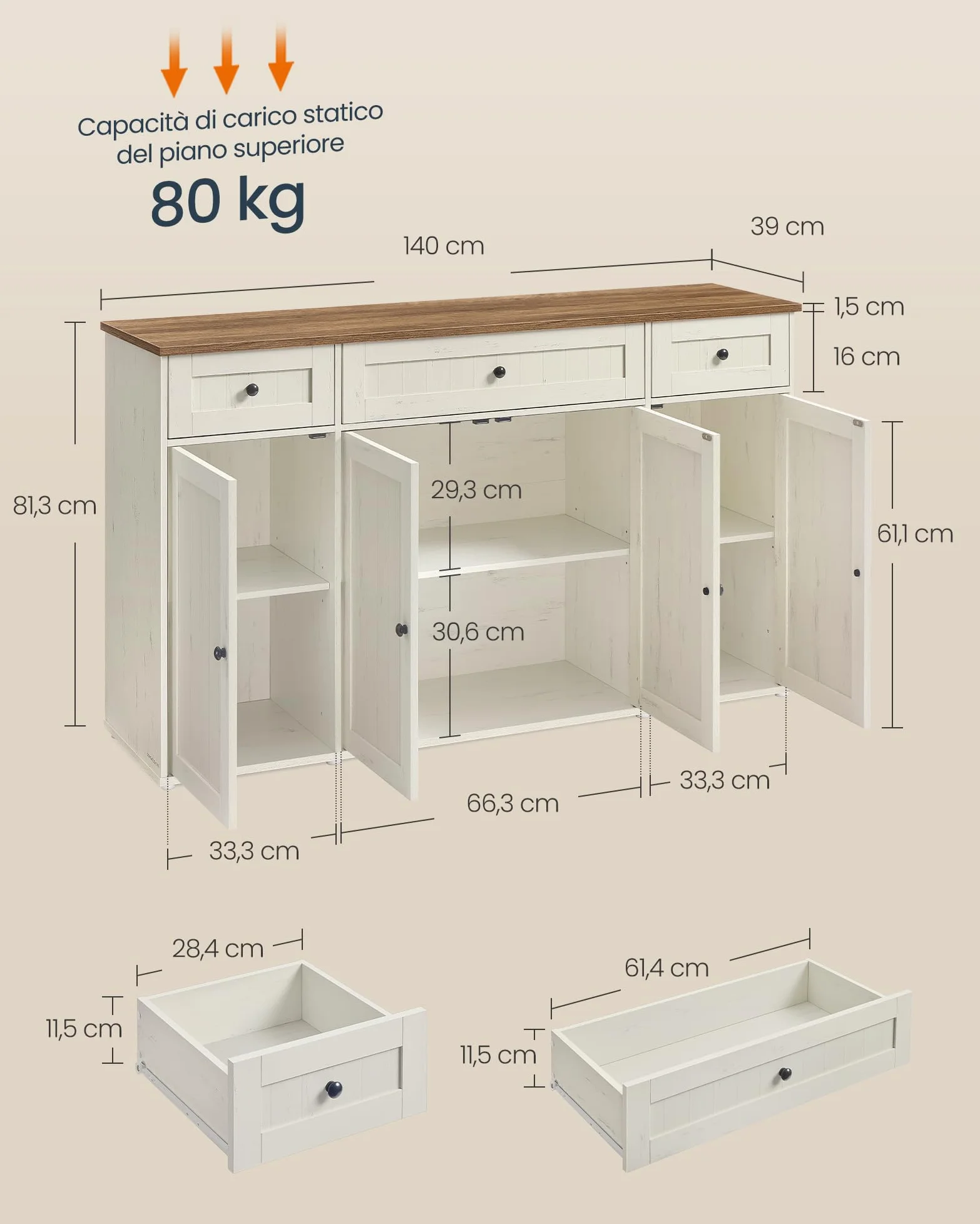 SONGMICS HOME Credenza Montaggio Rapido Senza Attrezzi Toolless, Montaggio Superveloce Senza Utensili, Mobile da Cucina con Piano, Buffet, Ripiani Regolabili, Bianco Vintage e Marrone Miele BBK376WJ02
