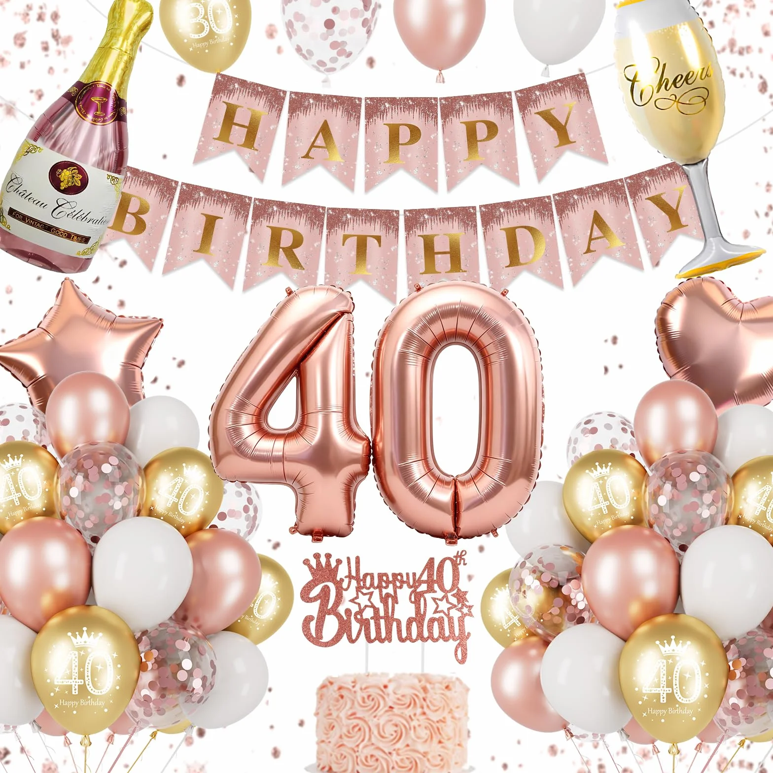 Palloncini 40 Anni Compleanno Donna Rose Gold, Decorazioni 40 Anni, Palloncino Numero 40, Bottiglia Champagne, Calice, Cuore e Stella Foil, Banner Happy Birthday, Cake Topper, Accessori Festa