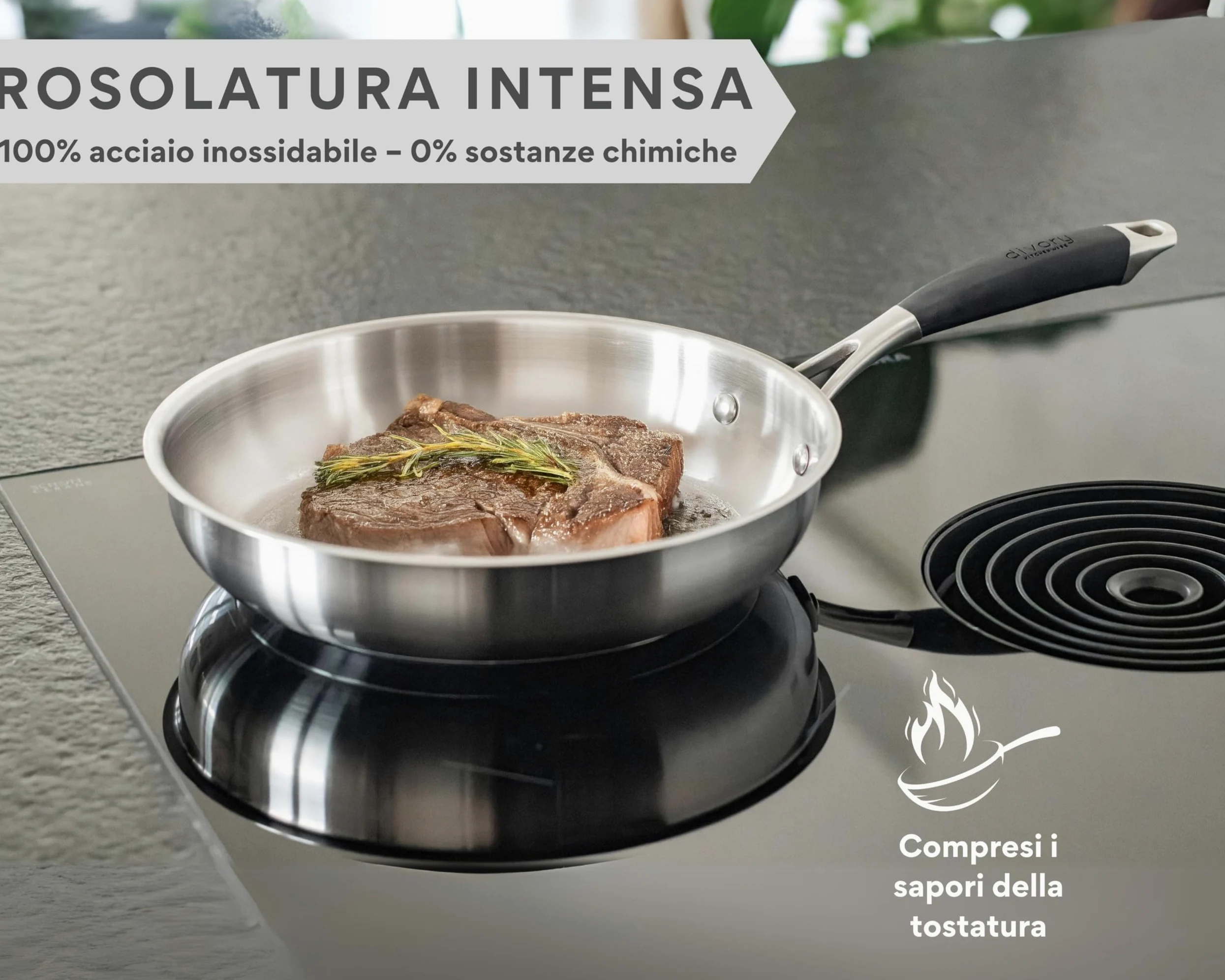 DIVORY Set di padelle in acciaio inox da 20, 24 e 28 cm – Padelle senza rivestimento, prive di PTFE e PFOA, in acciaio inossidabile (PURA)
