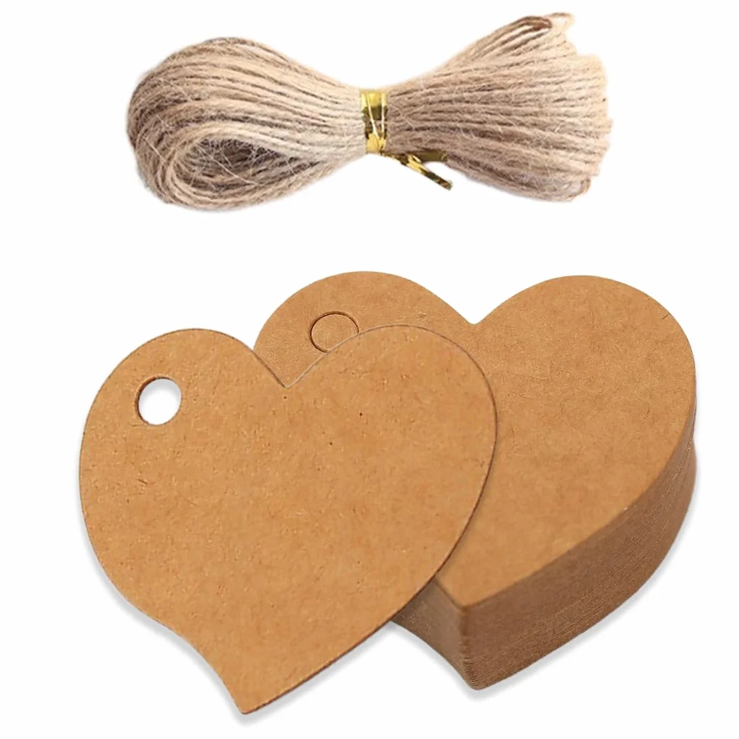 COYUN 100pcs Bigliettini Bomboniere,Etichetta in Carta Kraft a Forma di Cuore e Spago da 10 M per l'Uso Come Souvenir di Nozze, Confezionamento di Regali, Realizzazione di Oggetti Artigianali ecc