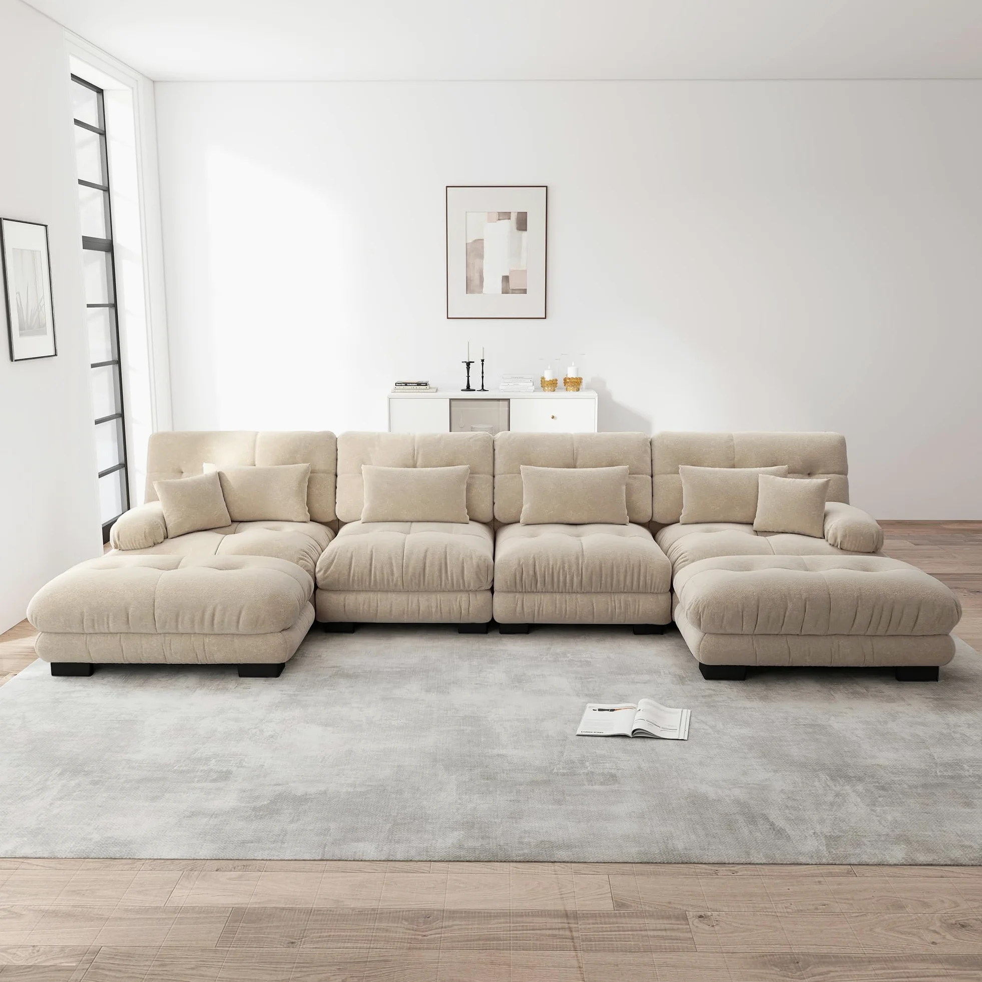 Divano angolare modulare, set divano a forma di U per soggiorno, 4 posti, comodi divani cloud con pouf mobile, combinazione fai da te, caffè leggero, ciniglia marrone chiaro