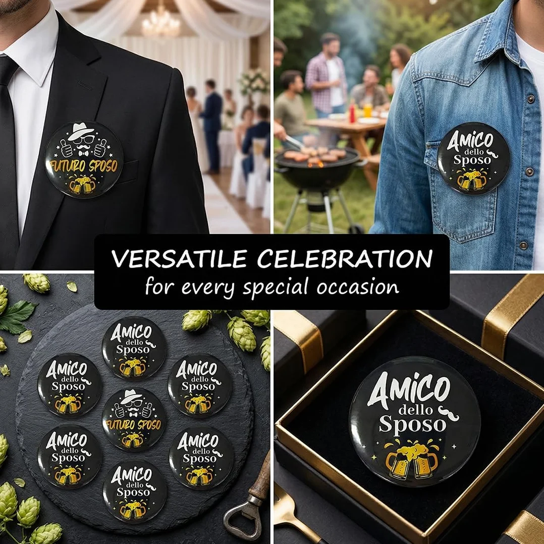 Spille Gadget Addio al Celibato Sposo e Amici (6 Pezzi: 1 Sposo + 5 Amici). Distintivi in Metallo per Festa, Matrimonio.