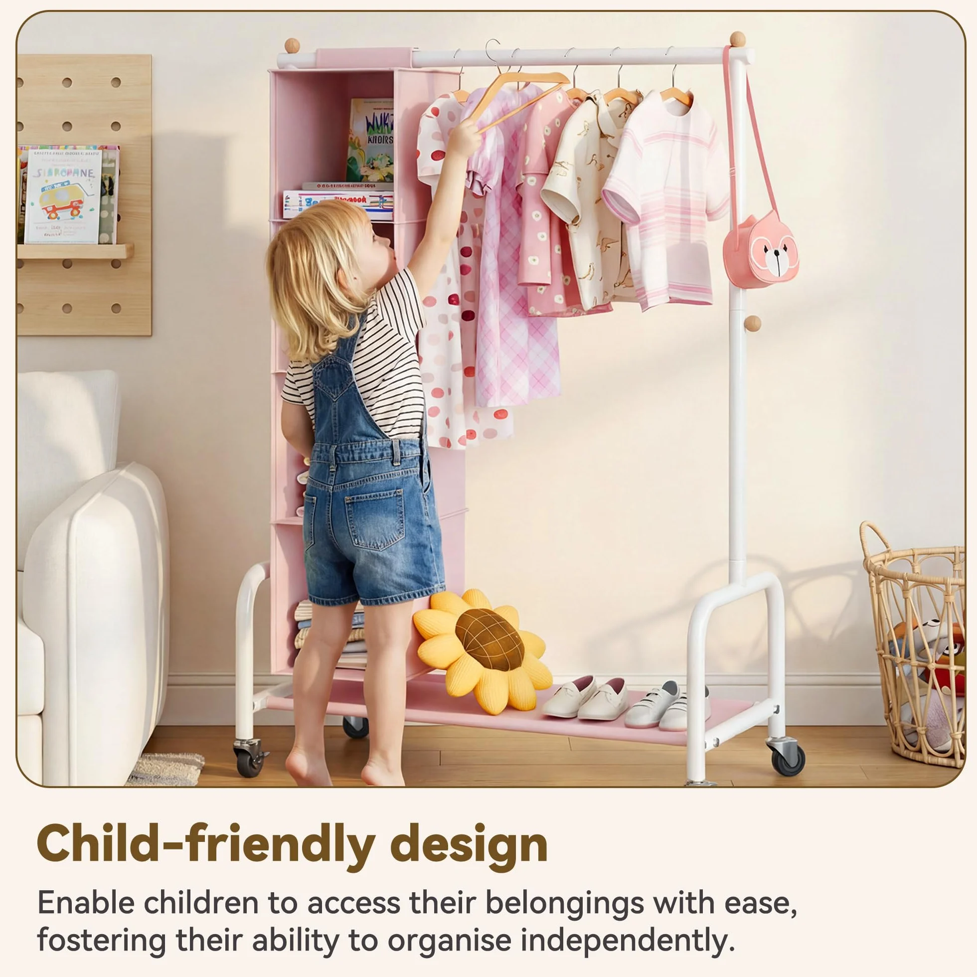 GRANNY SAYS Appendiabiti per Bambini con Organizer a Sospensione, Appendiabiti con Ruote per Travestimenti, Appendiabiti per Bambini, Appendiabiti per la Cameretta dei più Piccoli, Rosa/Bianco