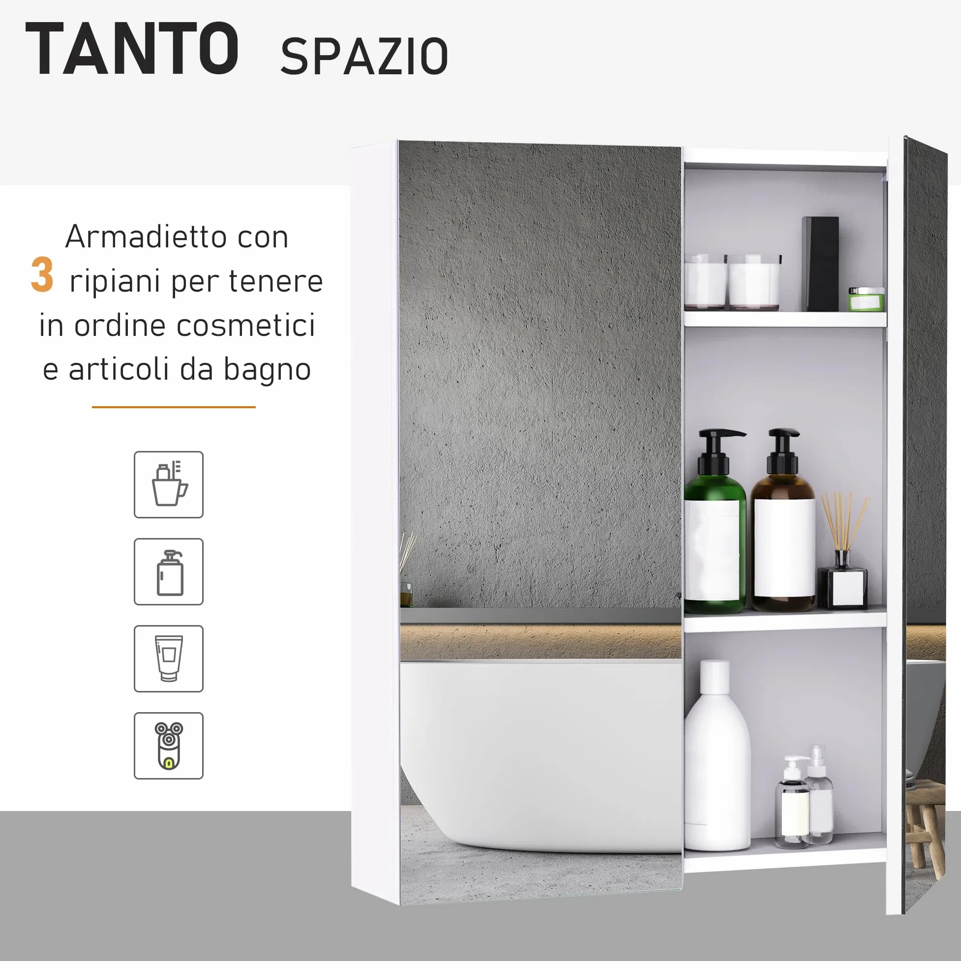 HOMCOM Armadietto Pensile da Bagno Due Ante con Specchiera e 2 Ripiani Interni, Mobiletto Bagno con Specchio e Soft Close in MDF, 60x15x75 cm, Bianco