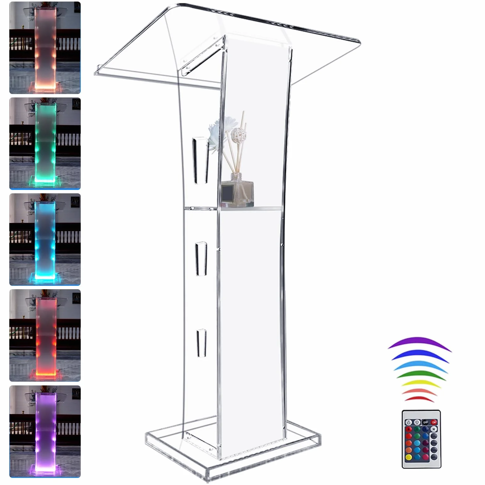 Podio acrilico, trasparente in acrilico con ripiano di memoria, pulpito della chiesa con luce a LED a 15 colori, stabilità per chiesa, conferenza, matrimonio, aula (23,6 "x 16 "x 45,2")