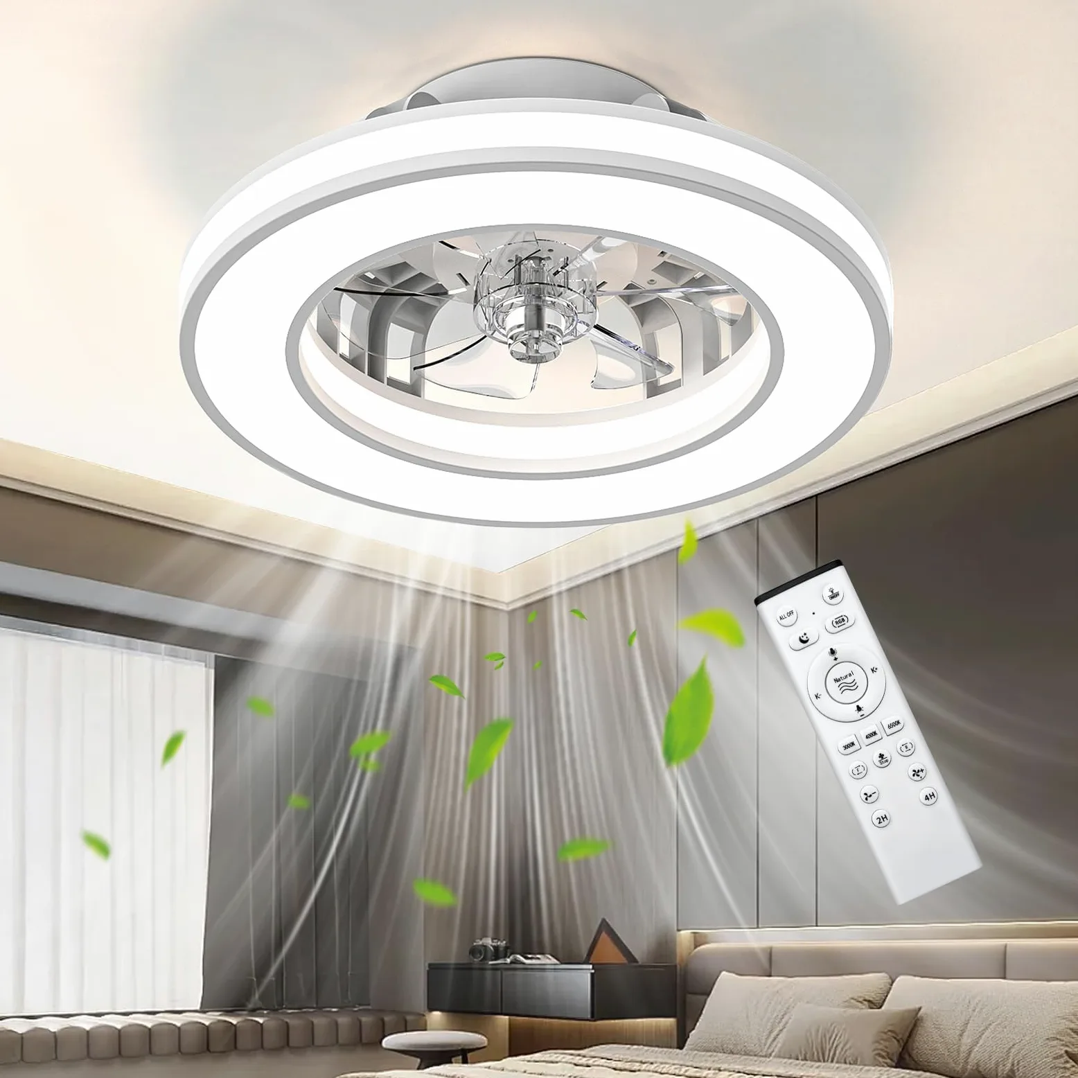 Ateroll Ventilatore da Soffitto con Luce Ø41.5CM, DC 25W LED 25W Dimmerabile 3CCT (3000K-4000K-6500K), 6 Velocità, Timer, Memoria di Illuminazione, Adatto per Camera da Letto, Soggiorno
