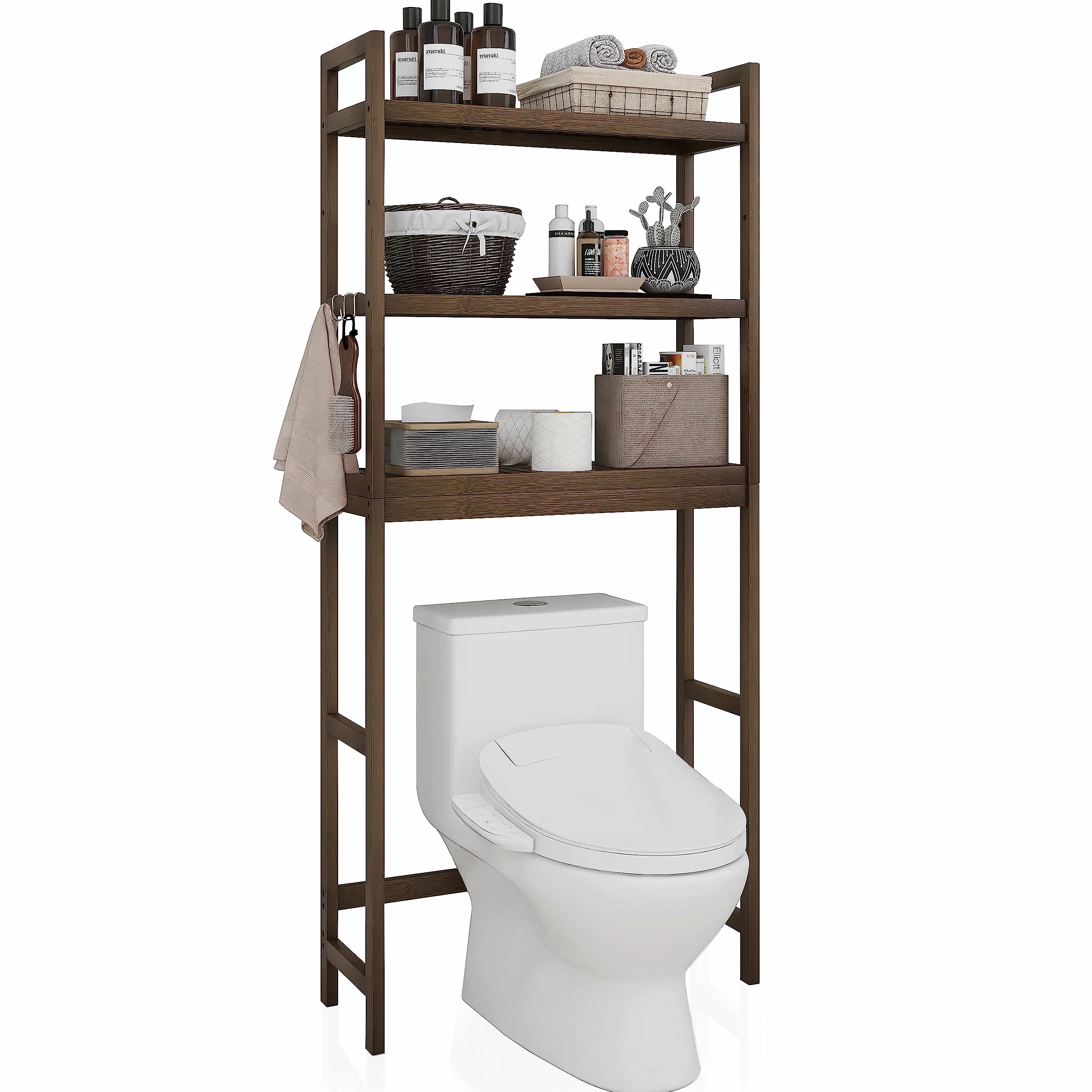 SMIBUY Mensola portaoggetti per bagno, portaoggetti in bambù sopra il WC, salvaspazio per WC indipendente con ripiani regolabili a 3 livelli (Noce)