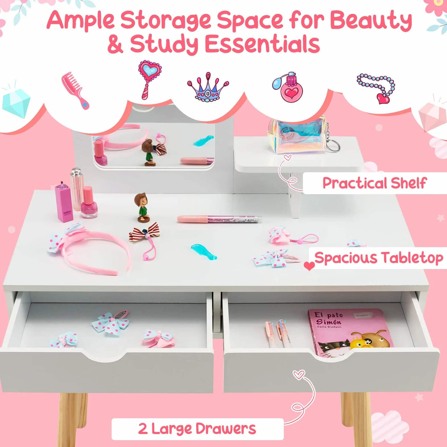 RELAX4LIFE 2 in 1 Toeletta Trucco Bambina con Sgabello, Specchio Staccabile, Set da Trucco con 2 Cassetti, Postazione Trucco per Bambini, 70 x 37 x 100 cm (Bianco)