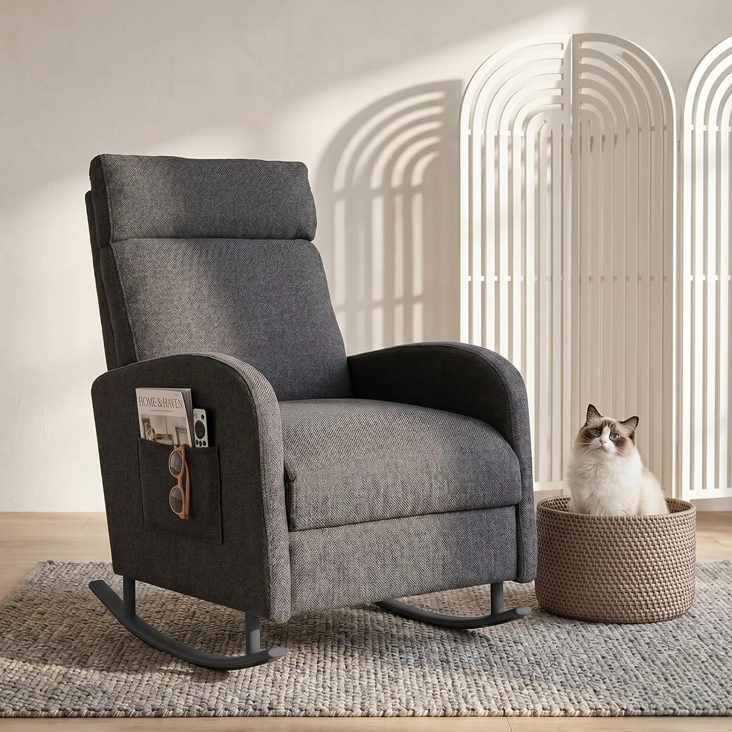 JIEXI Poltrona a dondolo, moderna sedia lounge imbottita e confortevole, poltrona in tessuto con schienale alto e tasche laterali, capacità 150 kg, poltrona accento grigia per soggiorno, camera da