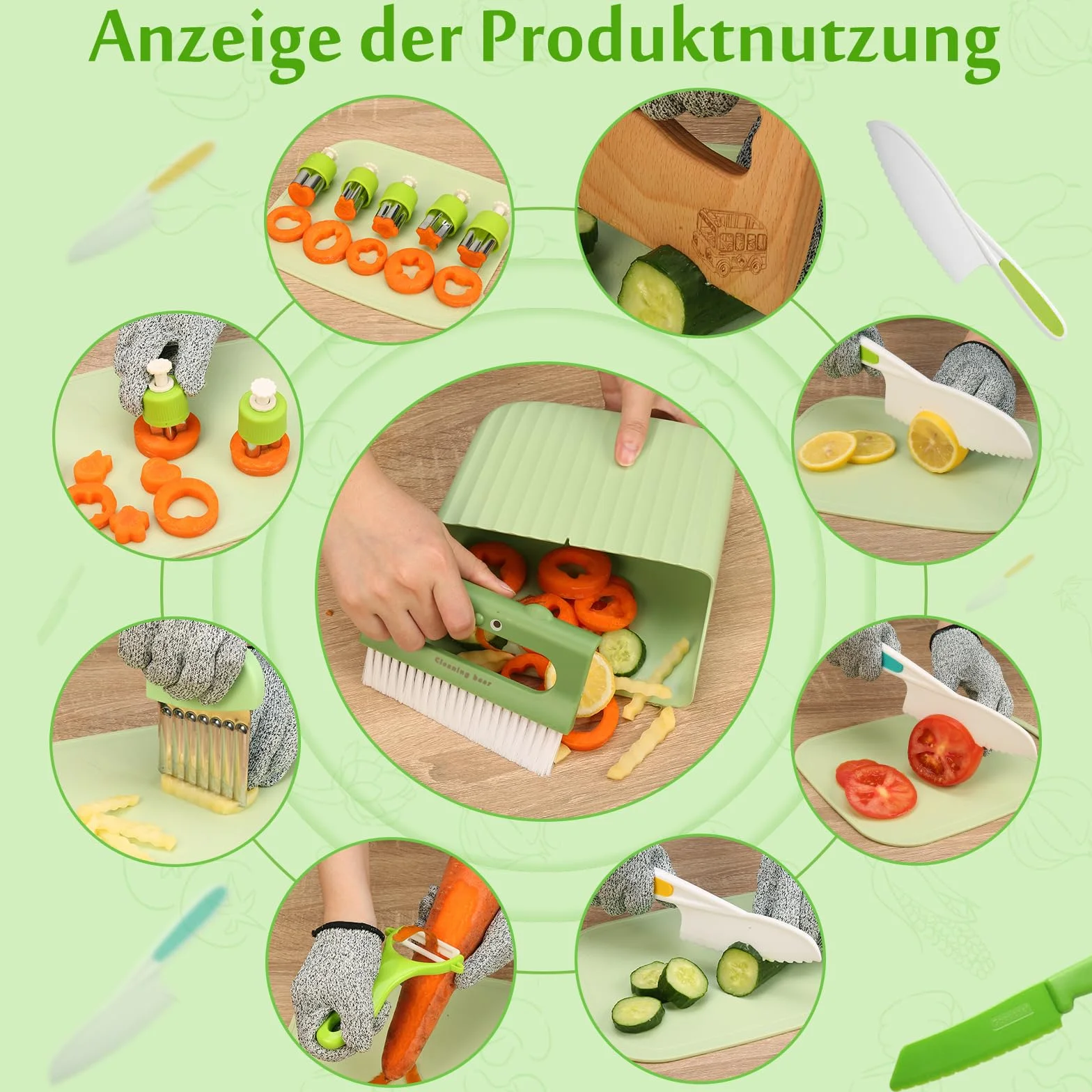 Goodchef Coltelli per bambini Set di coltelli da cucina per bambini da 15 pezzi per tagliare e cucinare frutta e verdura, adatti ai più piccoli, include un pelapatate in legno (bus da viaggio)