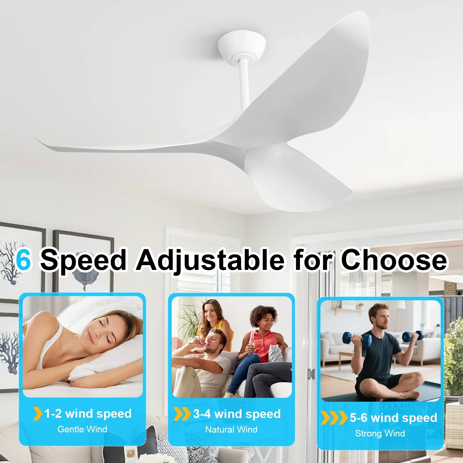 Sofucor Ventilatore da Soffitto 132 cm, Silenzioso Ventilatore da Soffitto per Camera da Letto, 3 Pale, 6 Velocità, Timer, Motore DC, Funzionamento Estivo Invernale