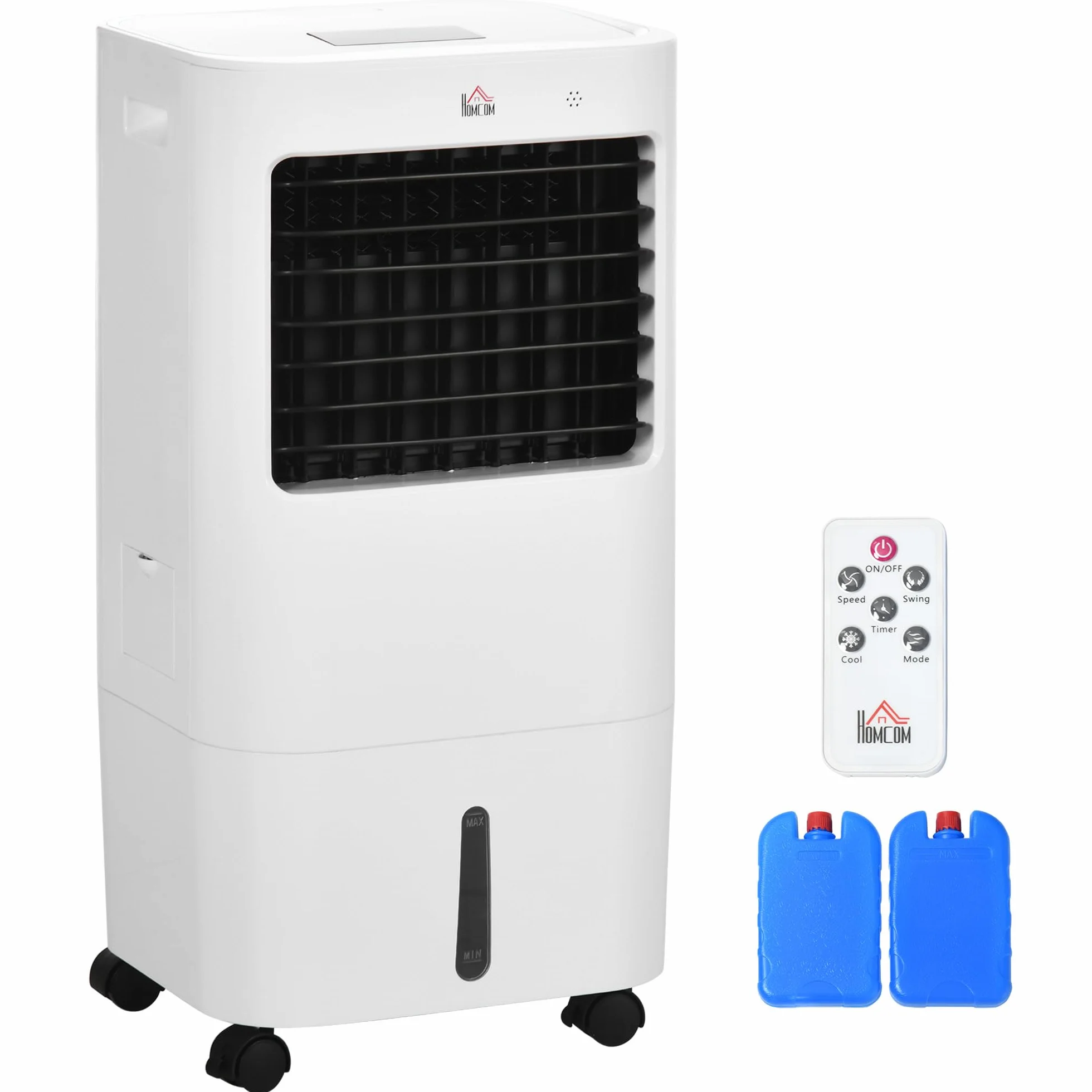 HOMCOM Condizionatore Portatile, Raffrescatore Evaporativo 3 in 1, Ventilatore con Ghiaccio e Deumidificatore, 3 Velocità, 9 Modalità e Telecomando, Raffrescatore da 65W in ABS, 32x37x74 cm, Bianco