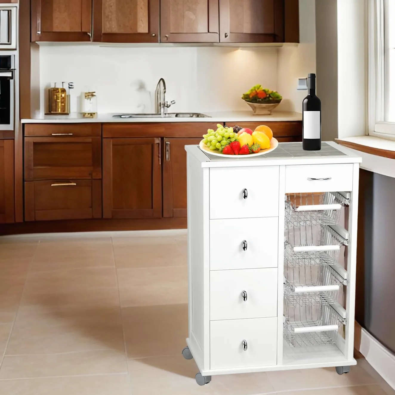 Carrello Cassettiera Multiuso - 5 Cassetti, 4 Cestelli in Metallo, Struttura in Legno Faggio, Piano Mattonelle in Ceramica, Ruote in Plastica Gommata, Made in Italy - 85x59x39 cm (Bianco)