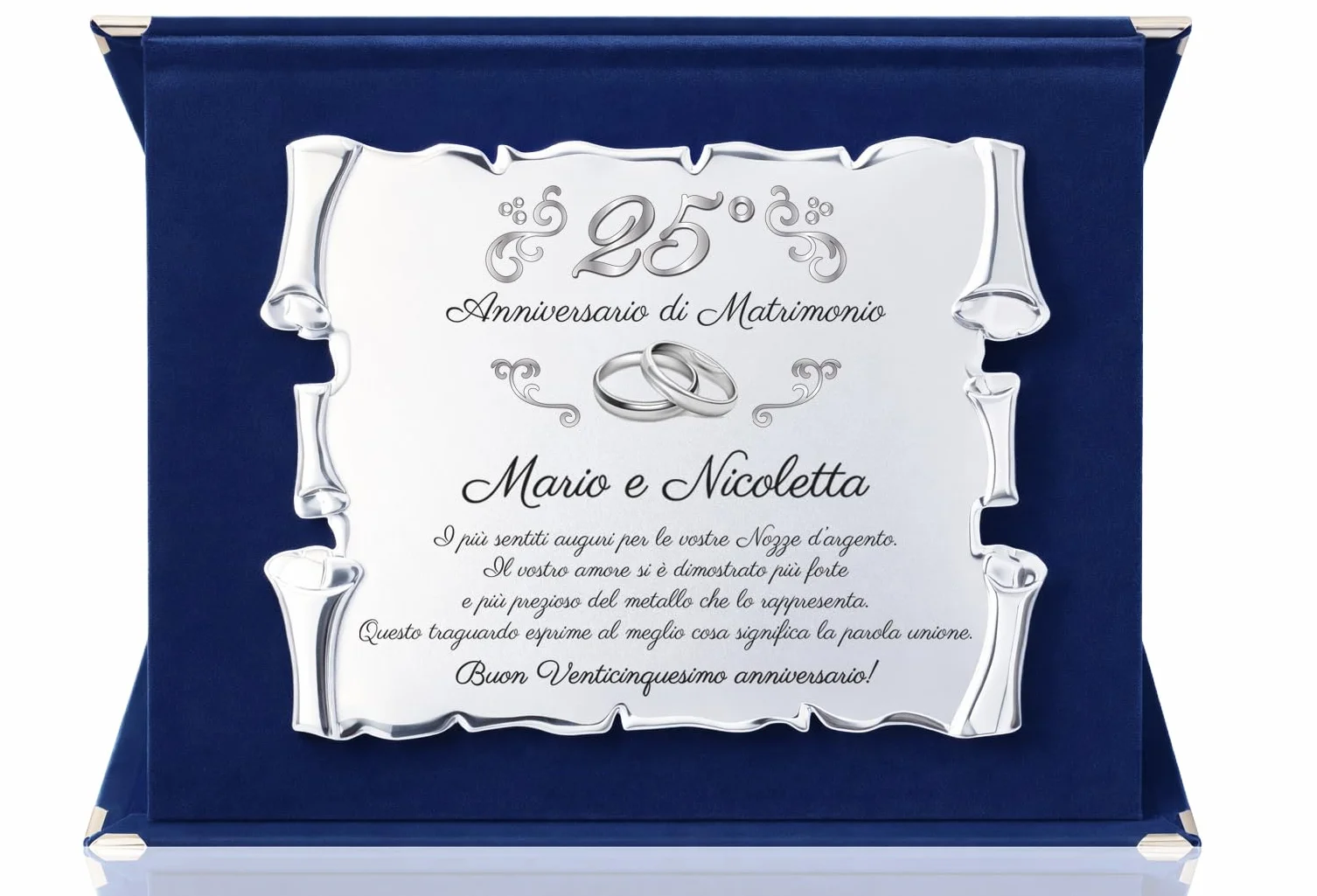 Targa 25° Anniversario di Matrimonio NOMI PERSONALIZZATI | Elegante Regalo Anniversario Nozze d'argento | Pergamena Argentata su Cofanetto in Velluto Blu